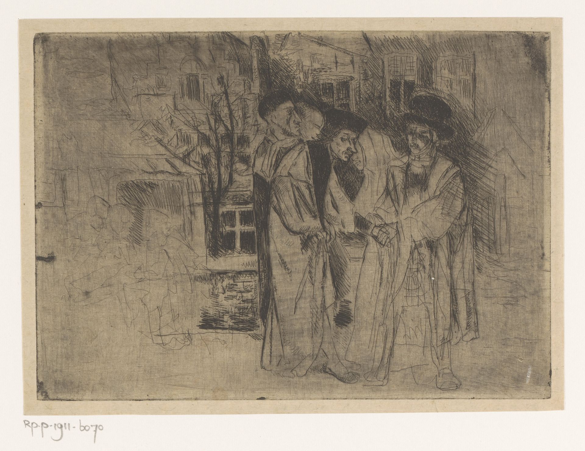 Ontmoeting tussen vijf personen op straat by Henri Leys