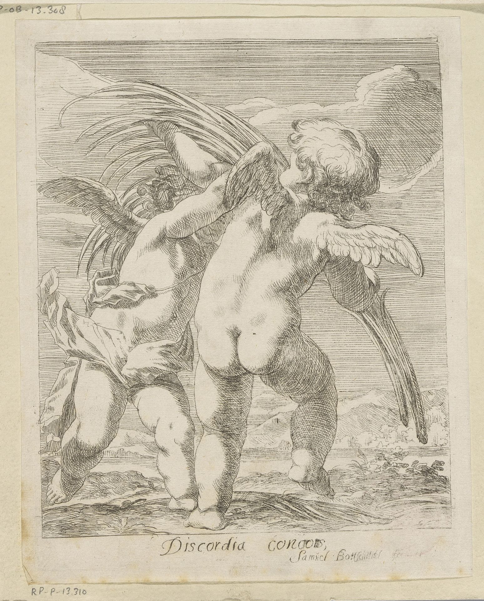Twee putti ruziën om een palmtak by Samuel Bottschild