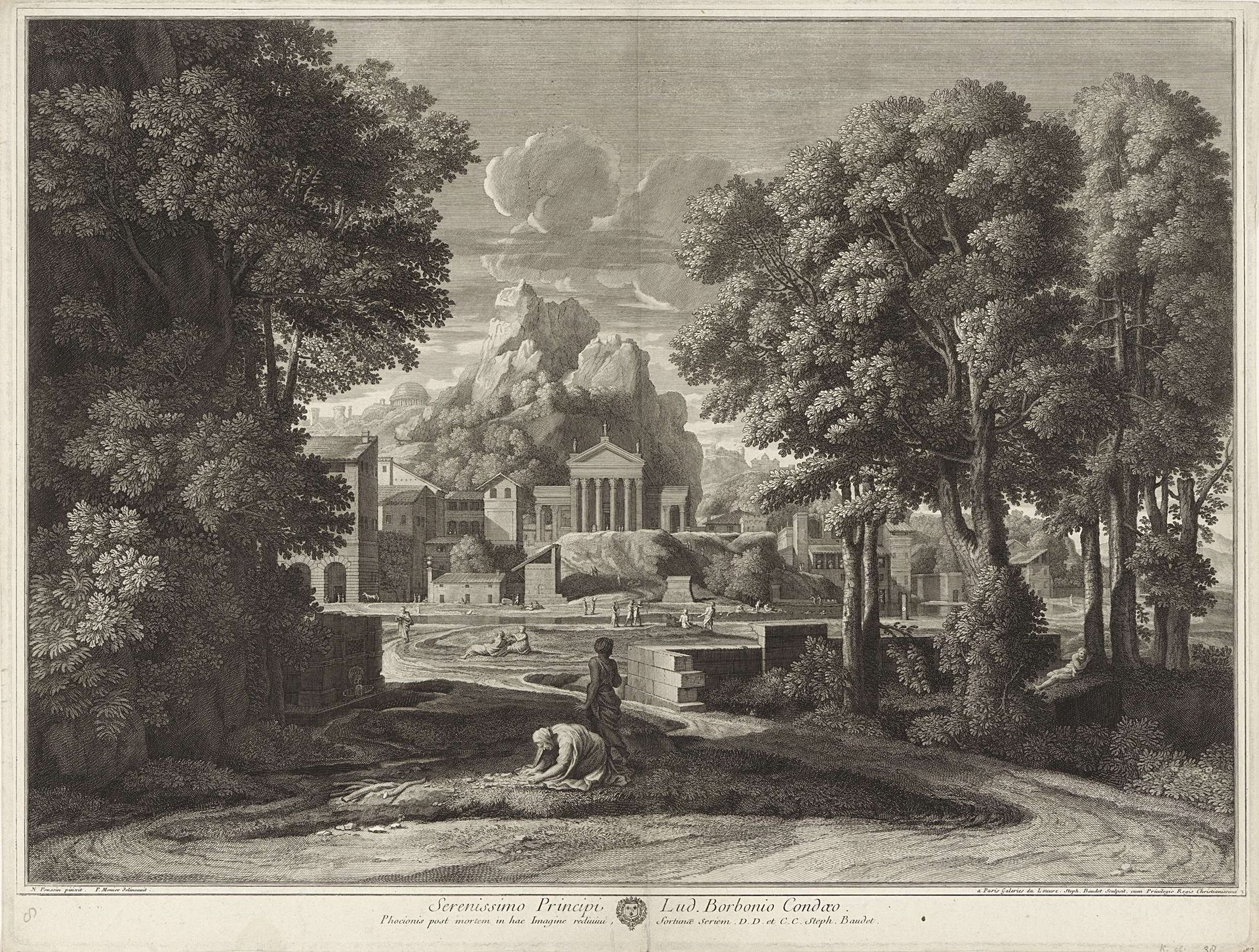 Landschap met een vrouw die de as van Phocion verzamelt by Etienne Baudet