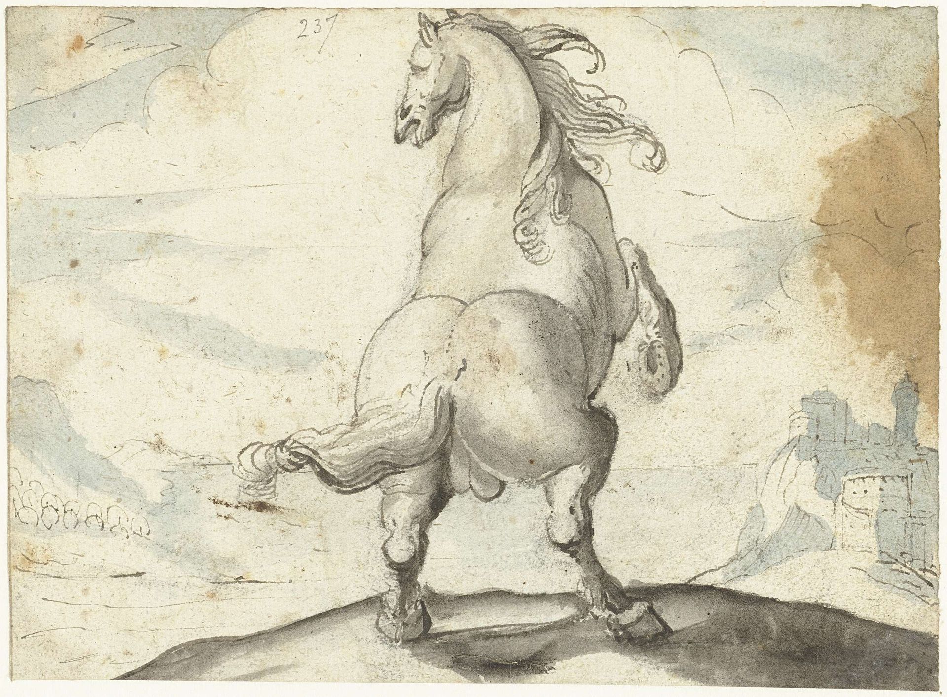 Steigerend paard voor een Italiaans havengezicht by Gerard ter (I) Borch