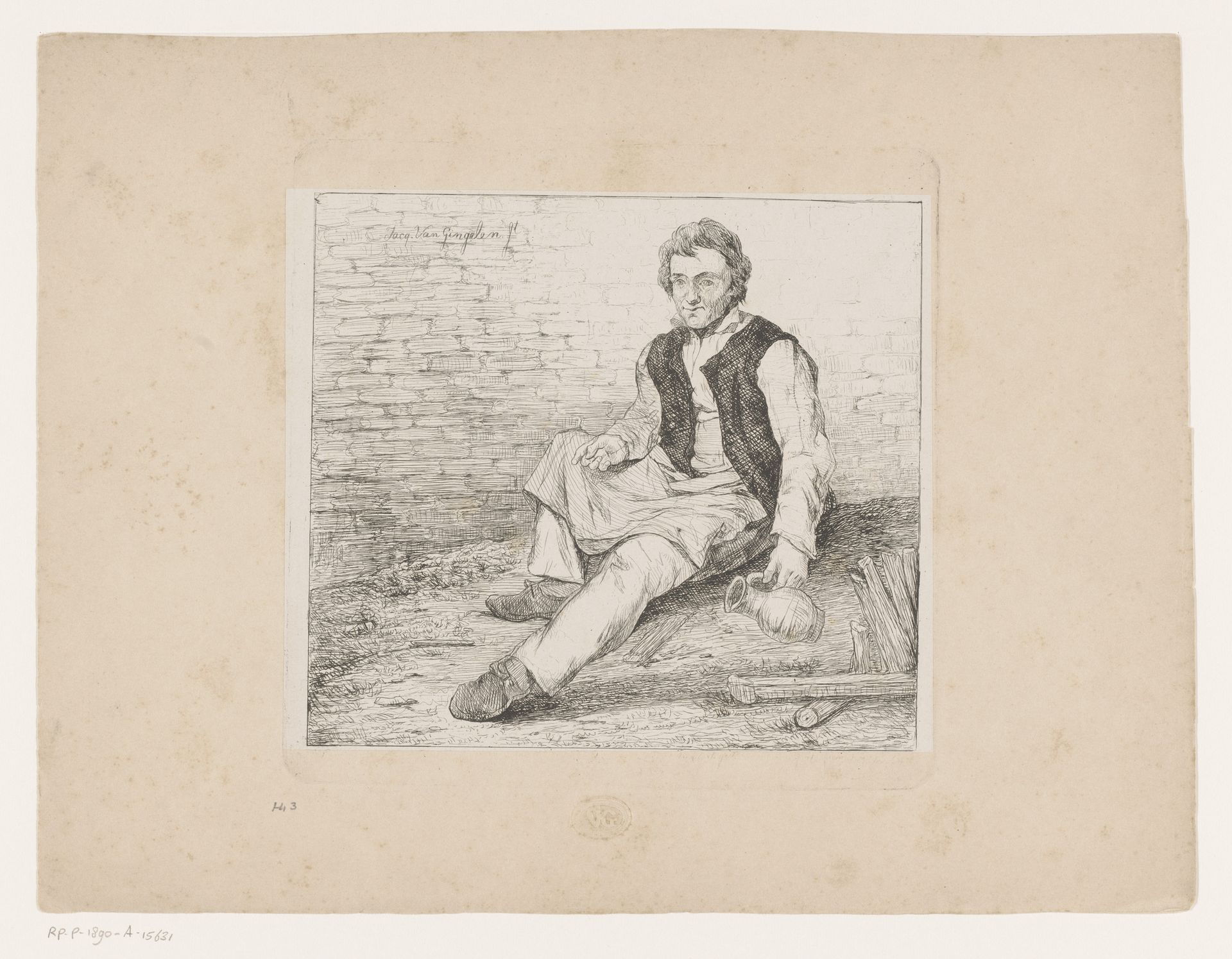 Man met een kruik in zijn hand gezeten voor een muur by Jacques Van Gingelen