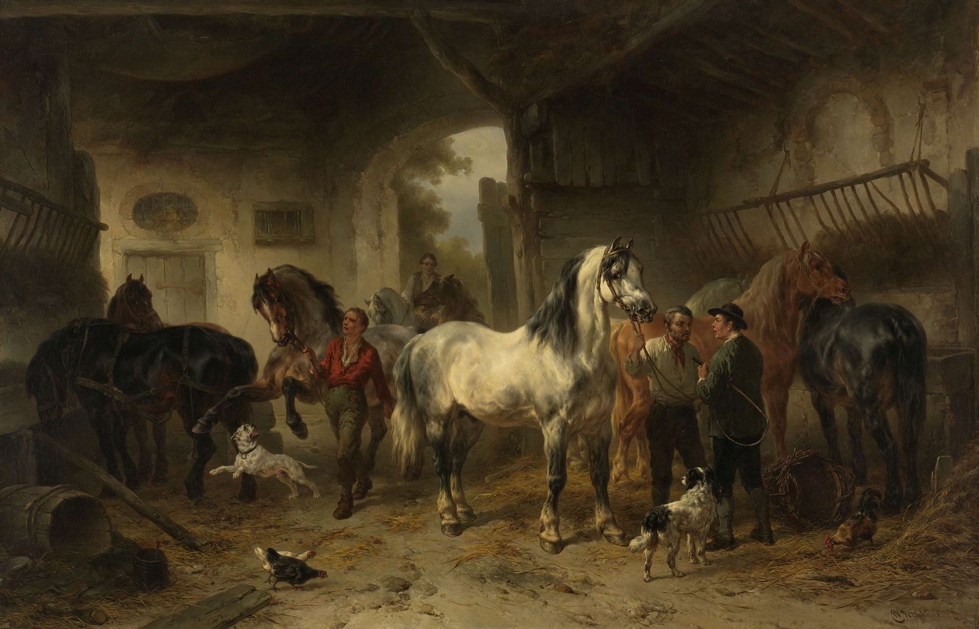Interieur van een stal met paarden en figuren by Wouter (1812-1874) Verschuur