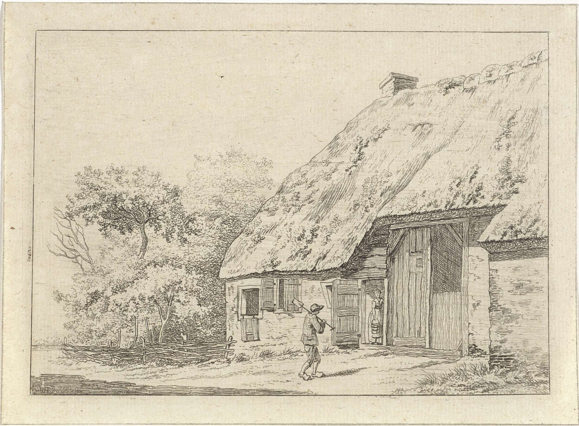 Man met een spade bij een boerderij by Johan Christiaan Willem Safft
