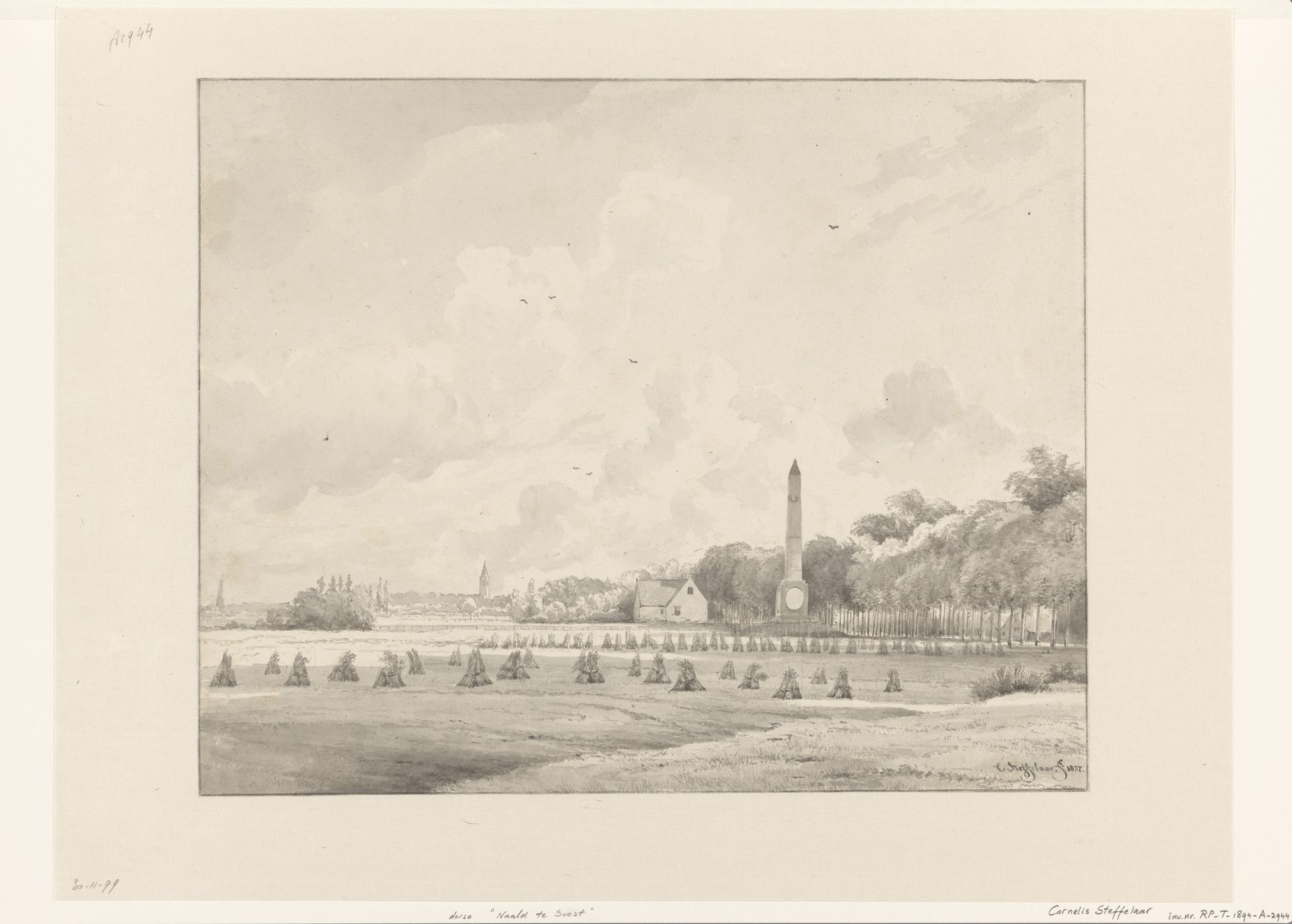 Korenveld met de Naald te Soestdijk by Cornelis Steffelaar
