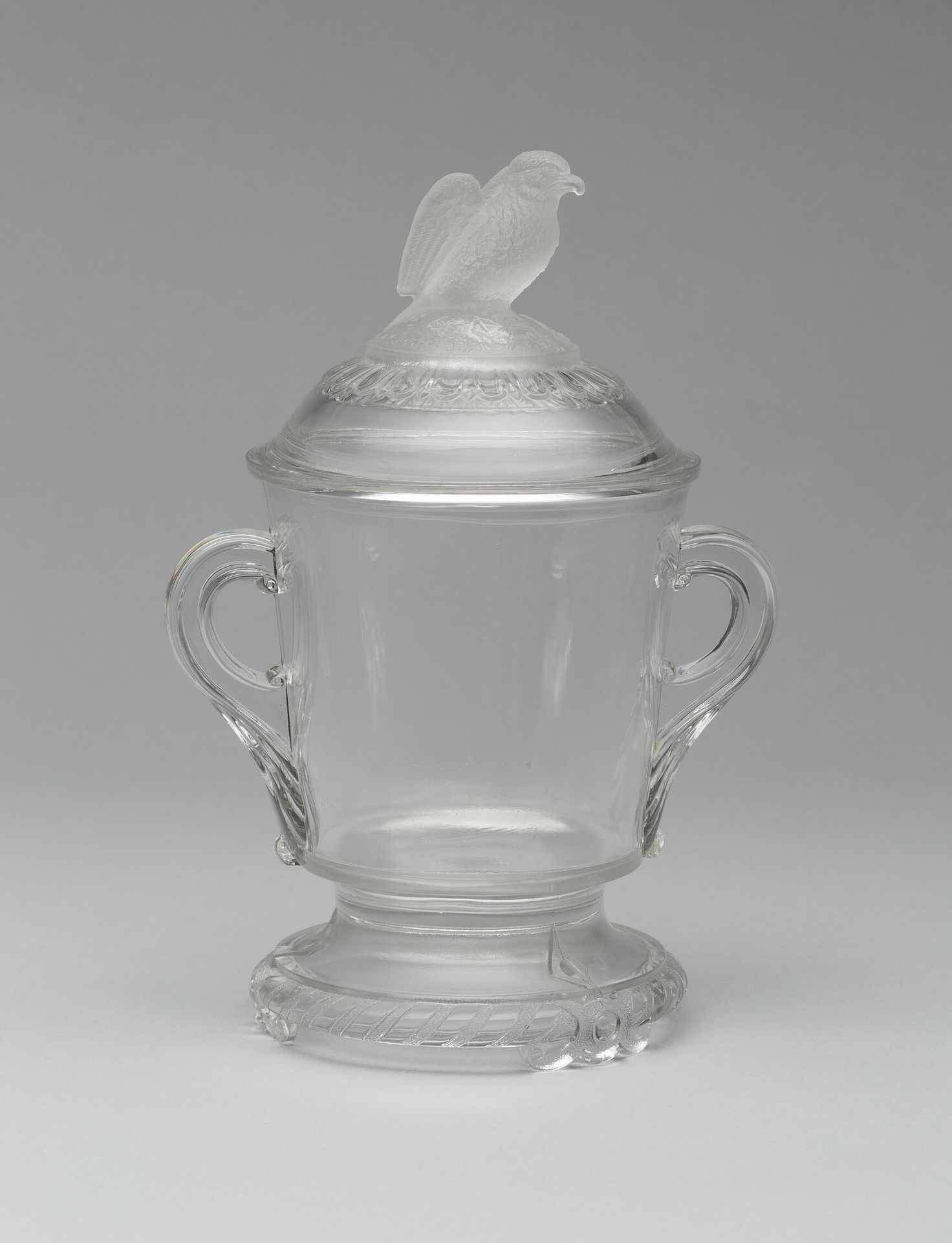 "Old Abe/Frosted Eagle" pattern covered sugar bowl by Crystal Glass Company