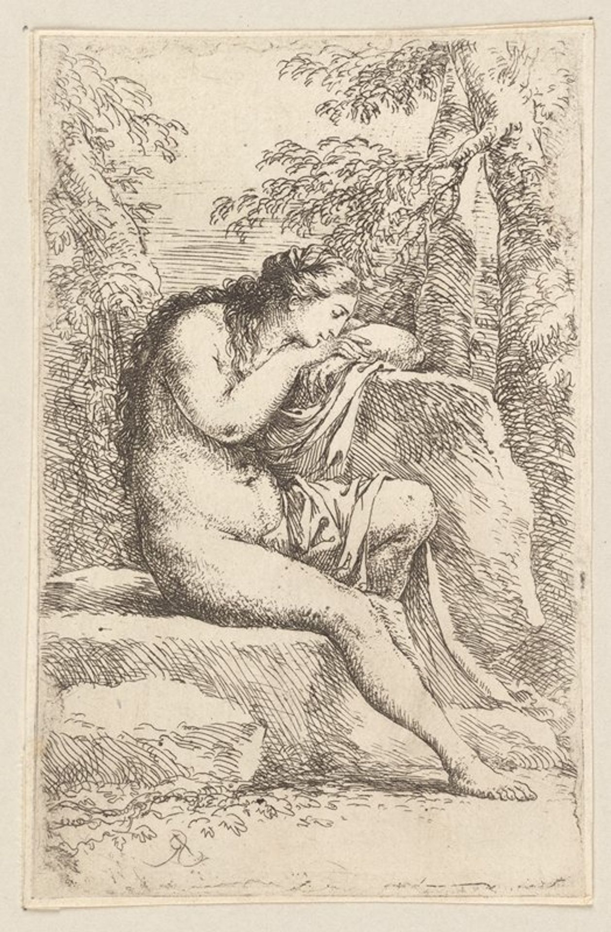 Nude in Contemplation, Seated on a Rocky Ledge by Salvator Rosa