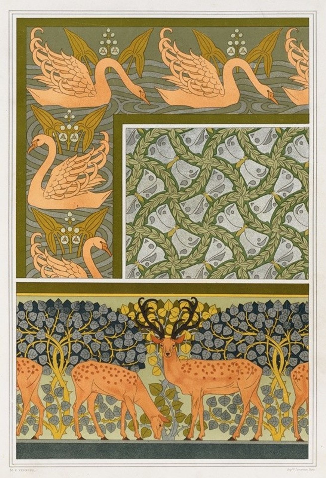 Cygnes et sagittaire, bordure. Pappillons et feuillages, étoffe. Cerfs et biches, frise. by Maurice Pillard Verneuil