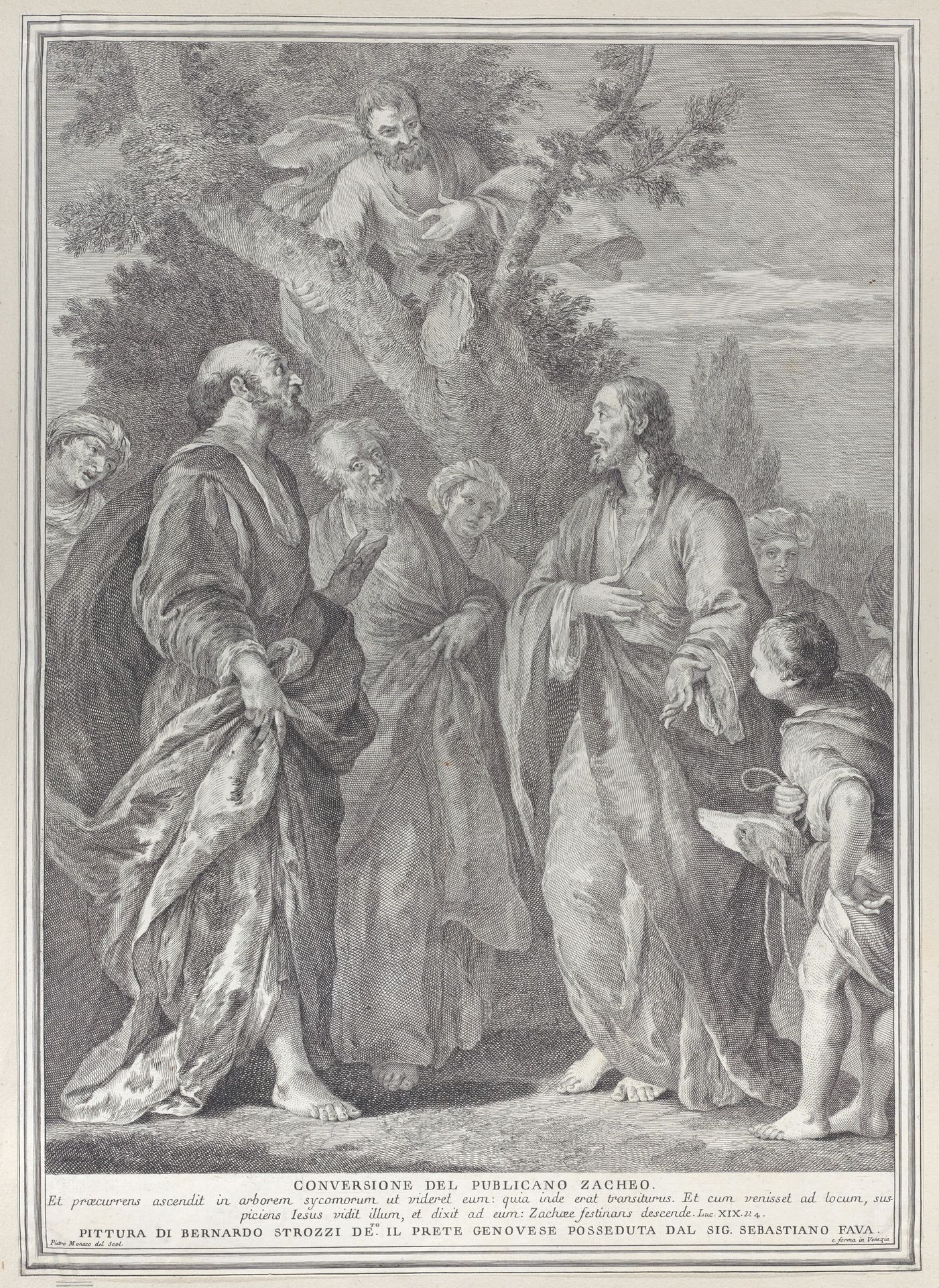 Conversion of Zacchaeus, with Christ at right addressing the tax collector, who is seated in a tree at top center by Pietro Monaco