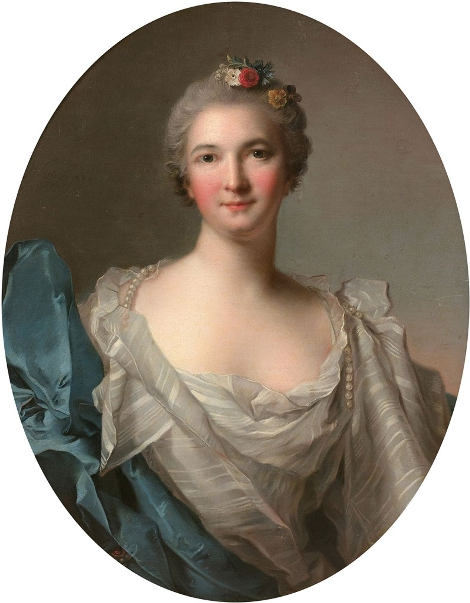 Portrait d’une dame de qualité à la robe blanche et au drapé bleu by Jean-Marc Nattier