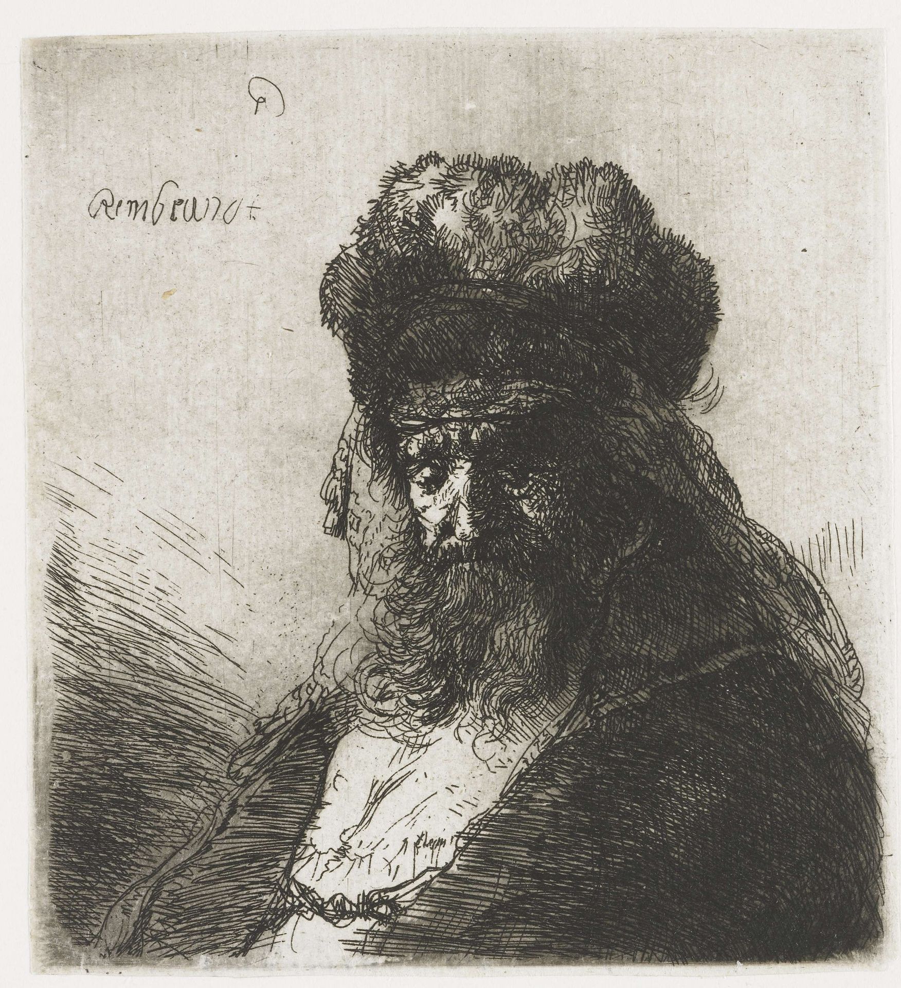 Bearded old man in a high fur cap, with eyes closed by Rembrandt van Rijn