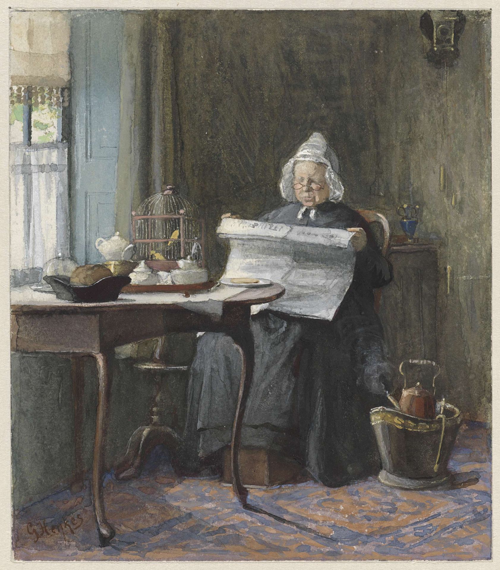 Interieur met een vrouw die de krant leest by Gerke Henkes