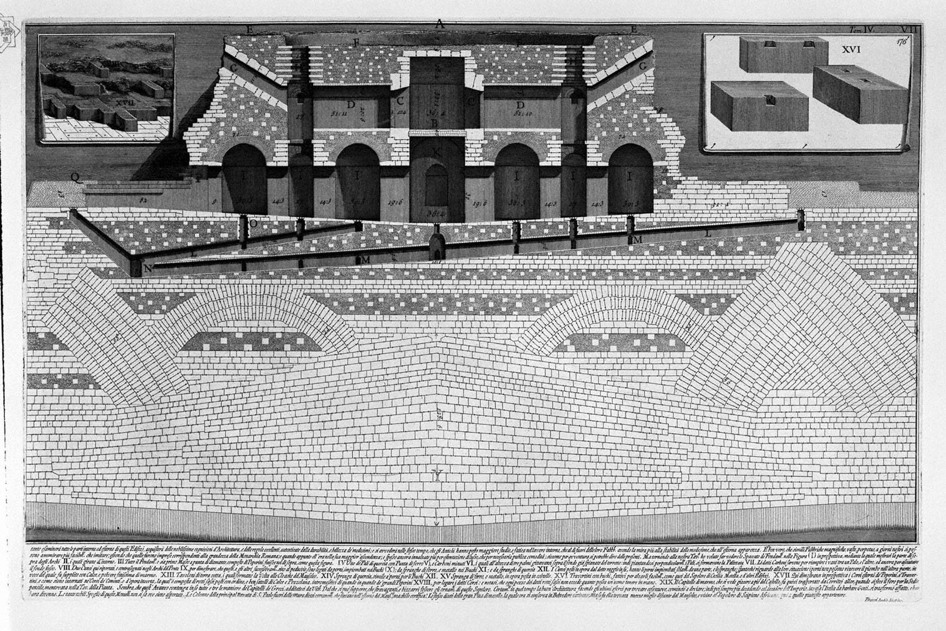 The Roman antiquities, t. 4, Plate VIII. Cutaway view of the Mausoleum of Hadrian and the Elio Bridge St. Angel. by Giovanni Battista Piranesi