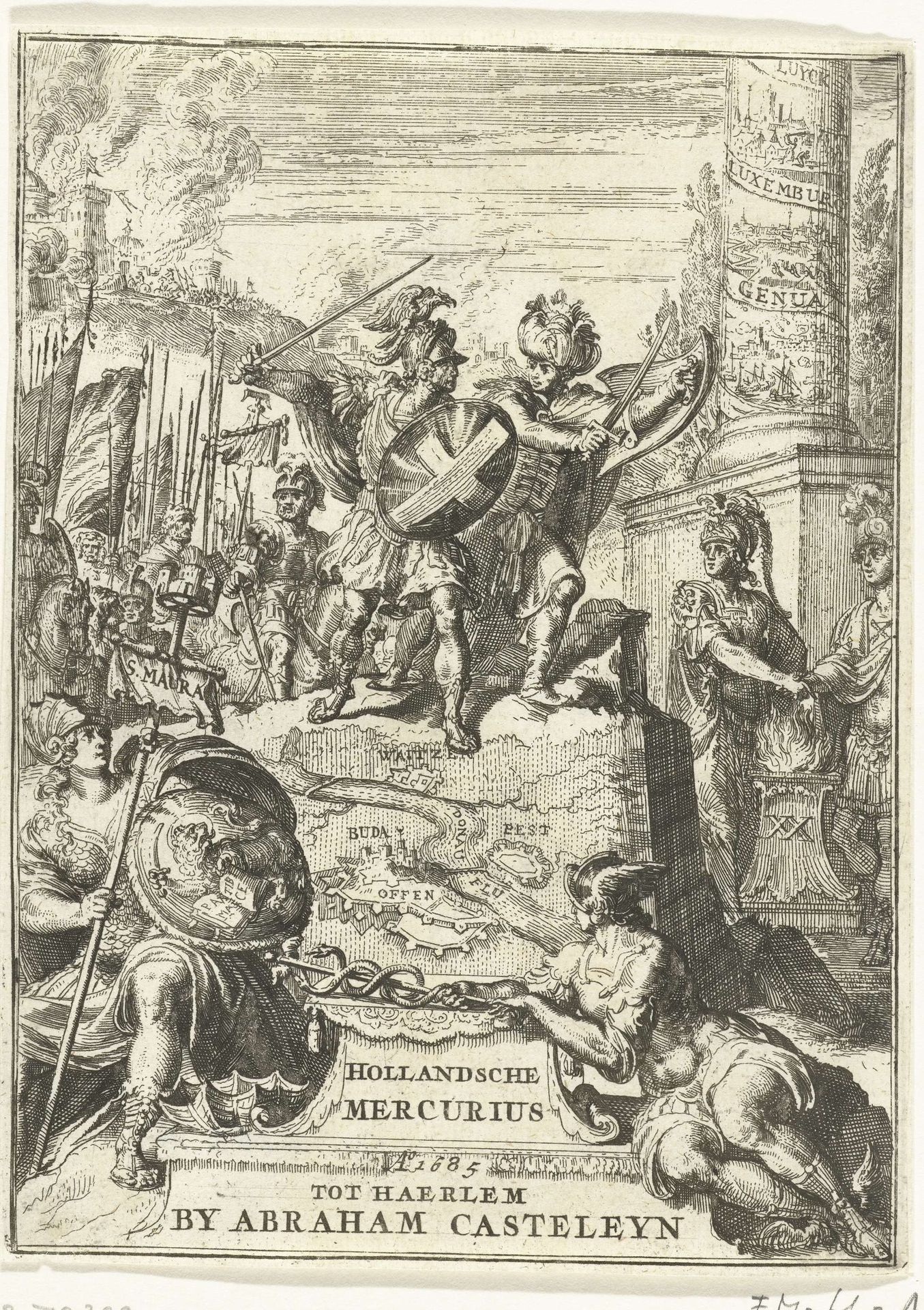 Titelpagina voor de Hollandsche Mercurius over het jaar 1684 by Romeyn de Hooghe