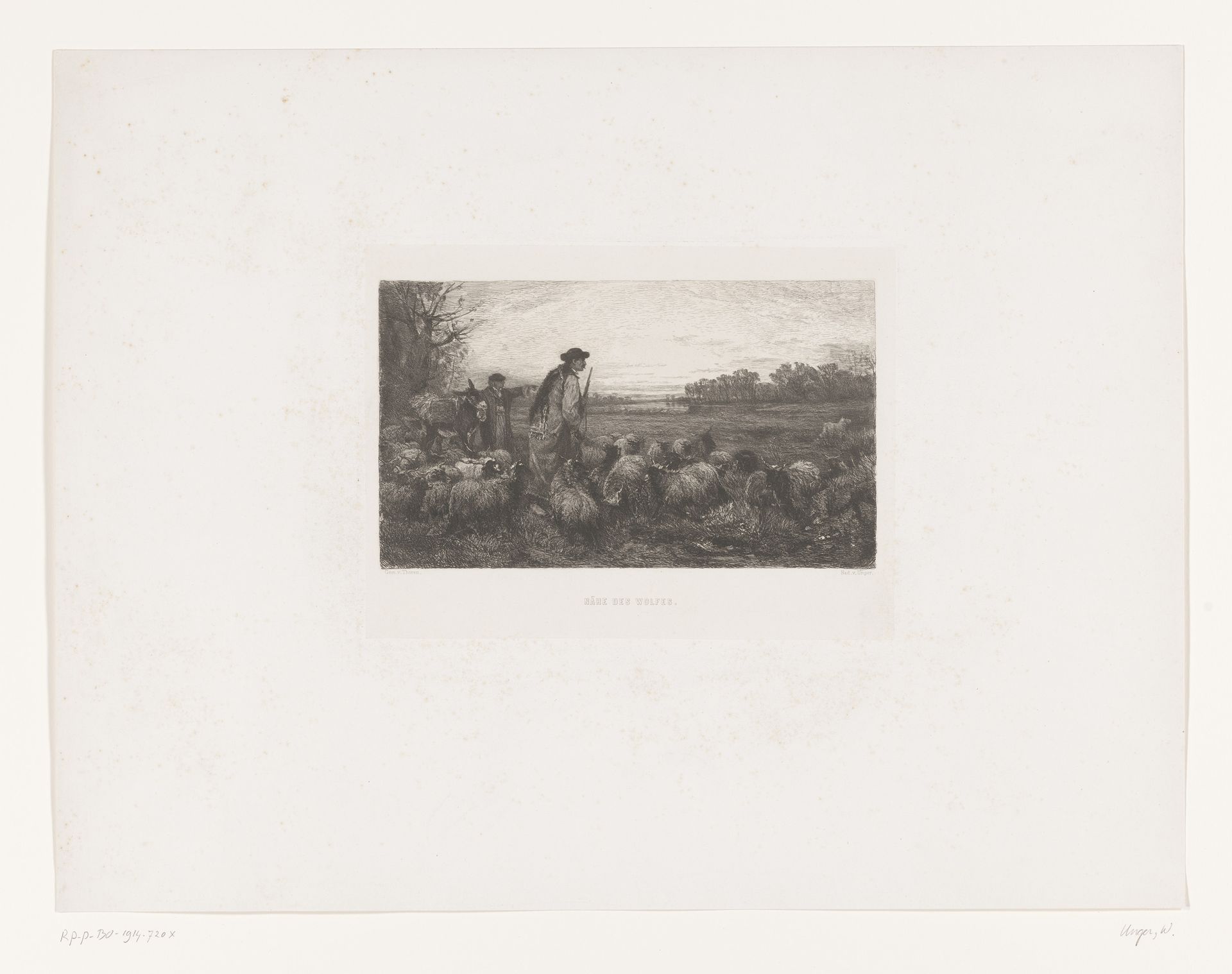 Herders met een kudde en in de verte een wolf by William Unger