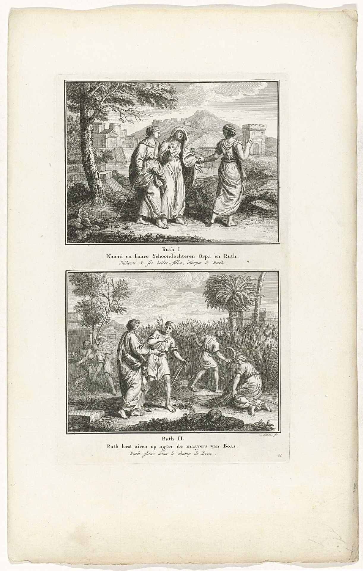 Naomi met haar schoondochters Orpa en Ruth en Ruth leest aren op het land van Boaz by Jacob Folkema