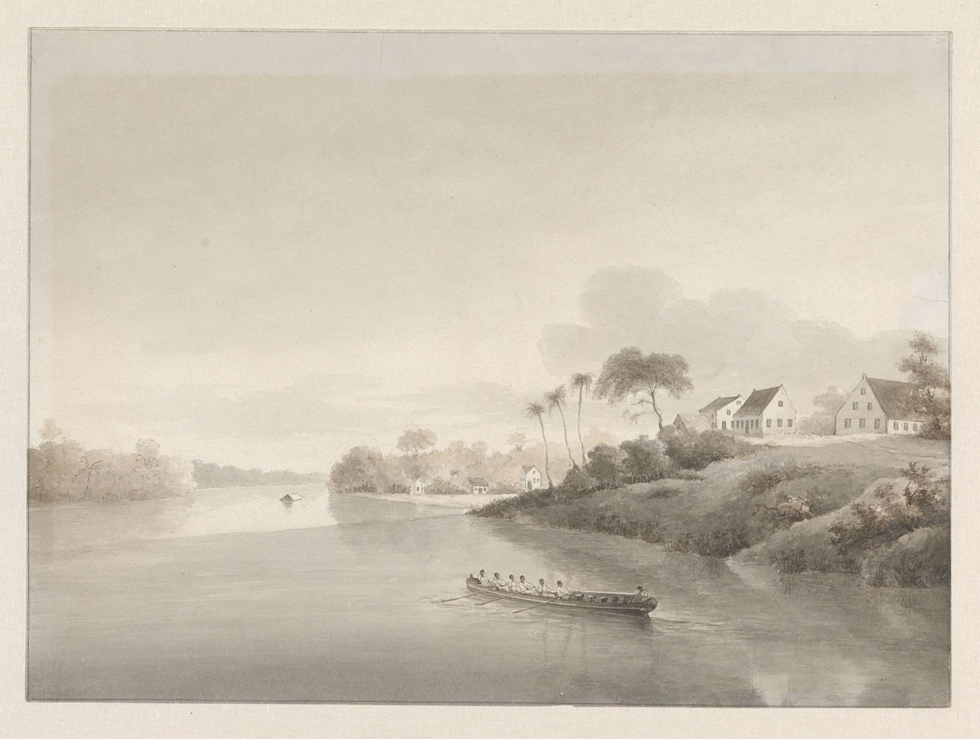 Gezicht op een aantal huizen aan een rivier, mogelijk de Jodensavanne by Hendrik Huygens