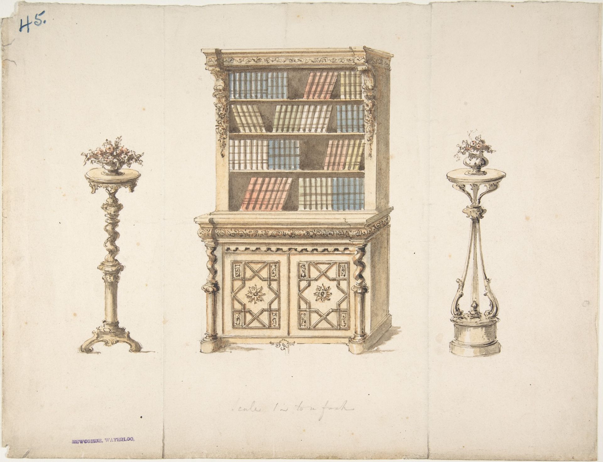 Design for a Cabinet-Bookcase and Two Stands for Flowers by Anonymous