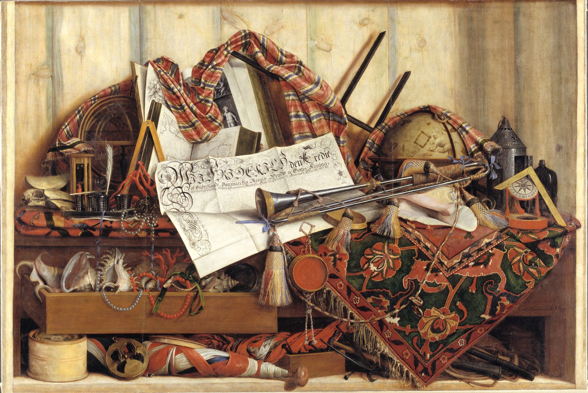 Trompe l'Oeil with Trumpet, Celestial Globe and Proclamation by Frederik III by Cornelius Norbertus Gijsbrechts