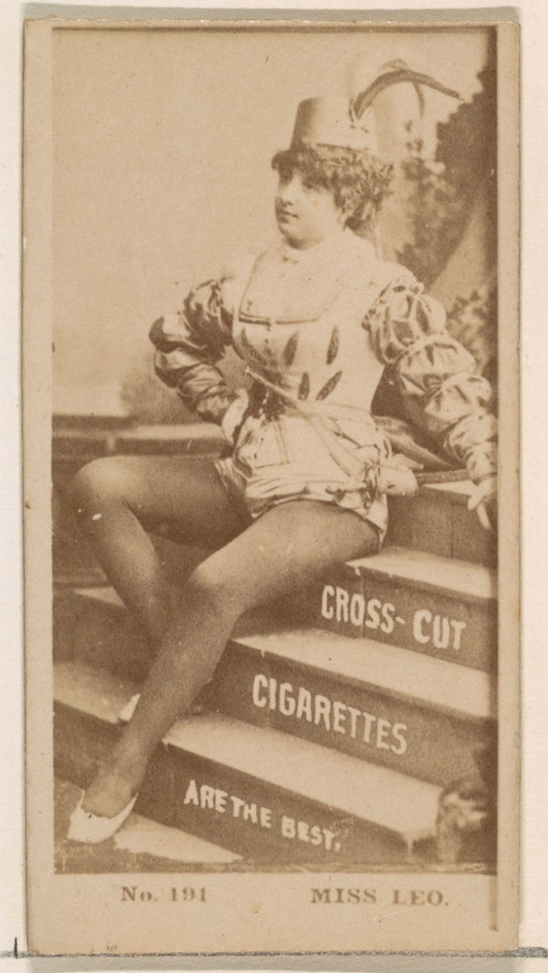 Card Number 191, Miss Leo, from the Actors and Actresses series (N145-2) issued by Duke Sons & Co. to promote Cross Cut Cigarettes by W. Duke, Sons & Co.