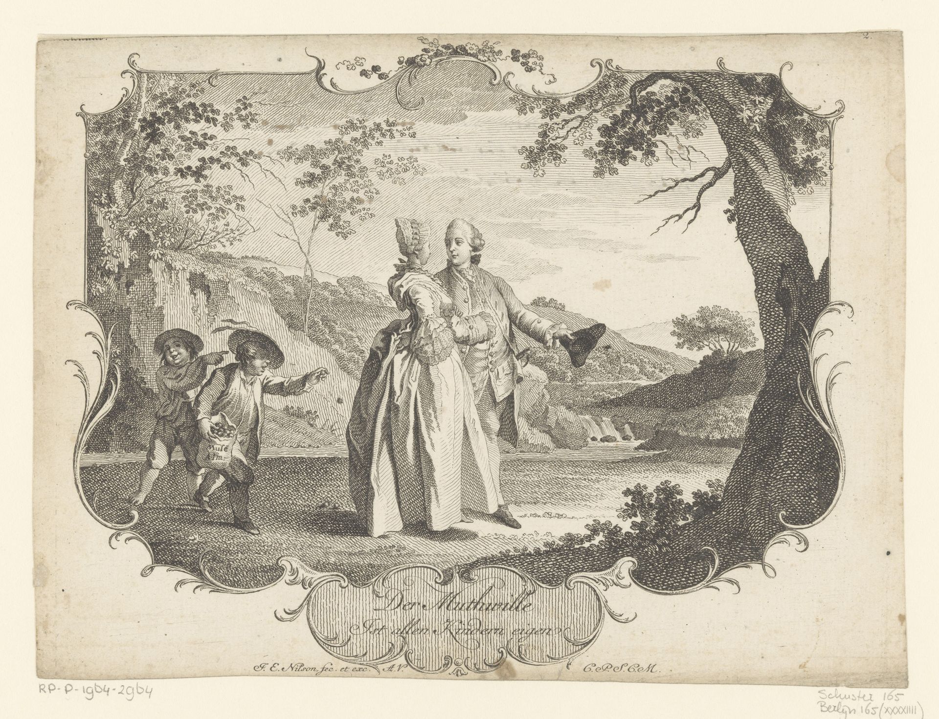 Kinderen bekogelen wandelend paar by Johann Esaias Nilson