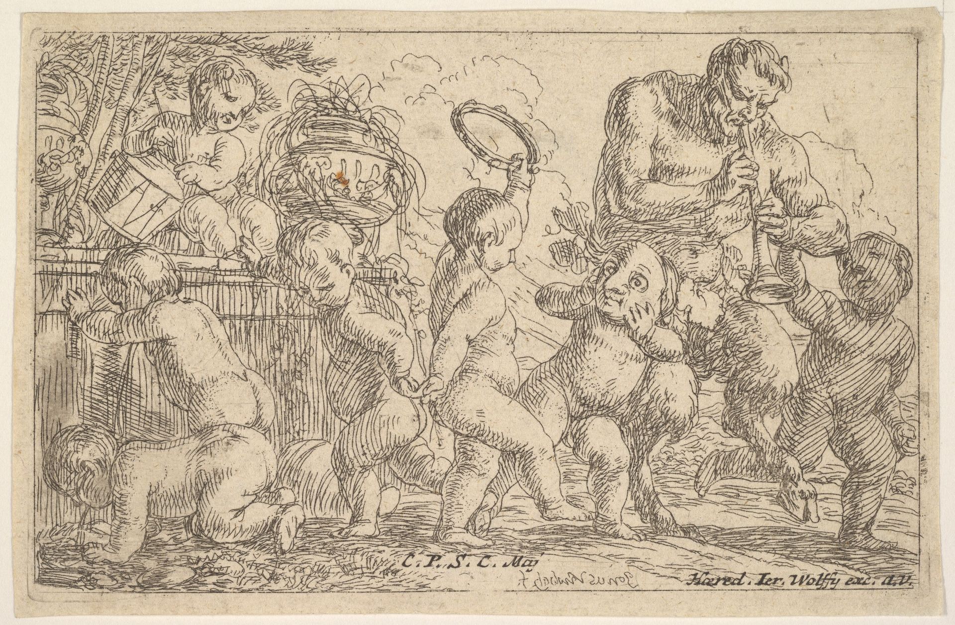 Satyr playing a pipe beside a putti holding a mask, surrounded by putti climbing over a low wall and dancing with musical instruments by Jonas Umbach