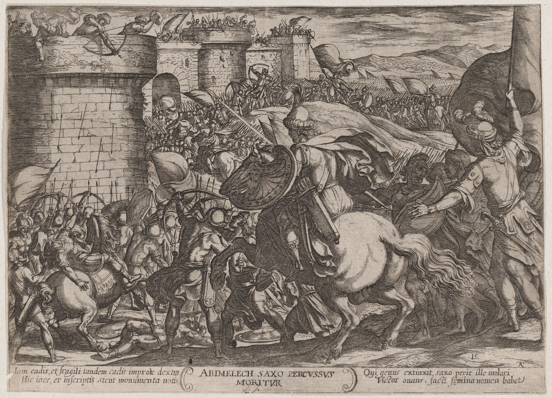 Plate 15: The Death of Abimelech, from 'The Battles of the Old Testament' by Antonio Tempesta