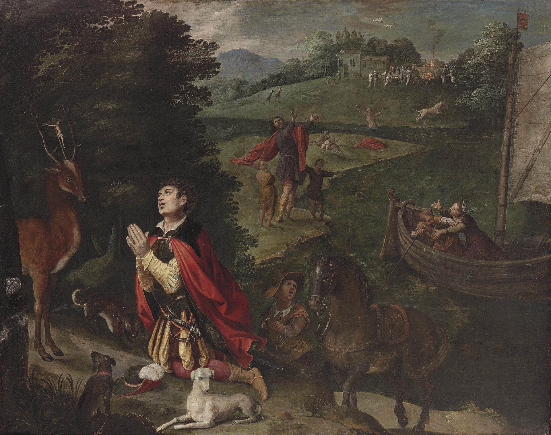 The Vision of Saint Eustace, Other Scenes with Tests of His Faith Beyond by Maarten de Vos