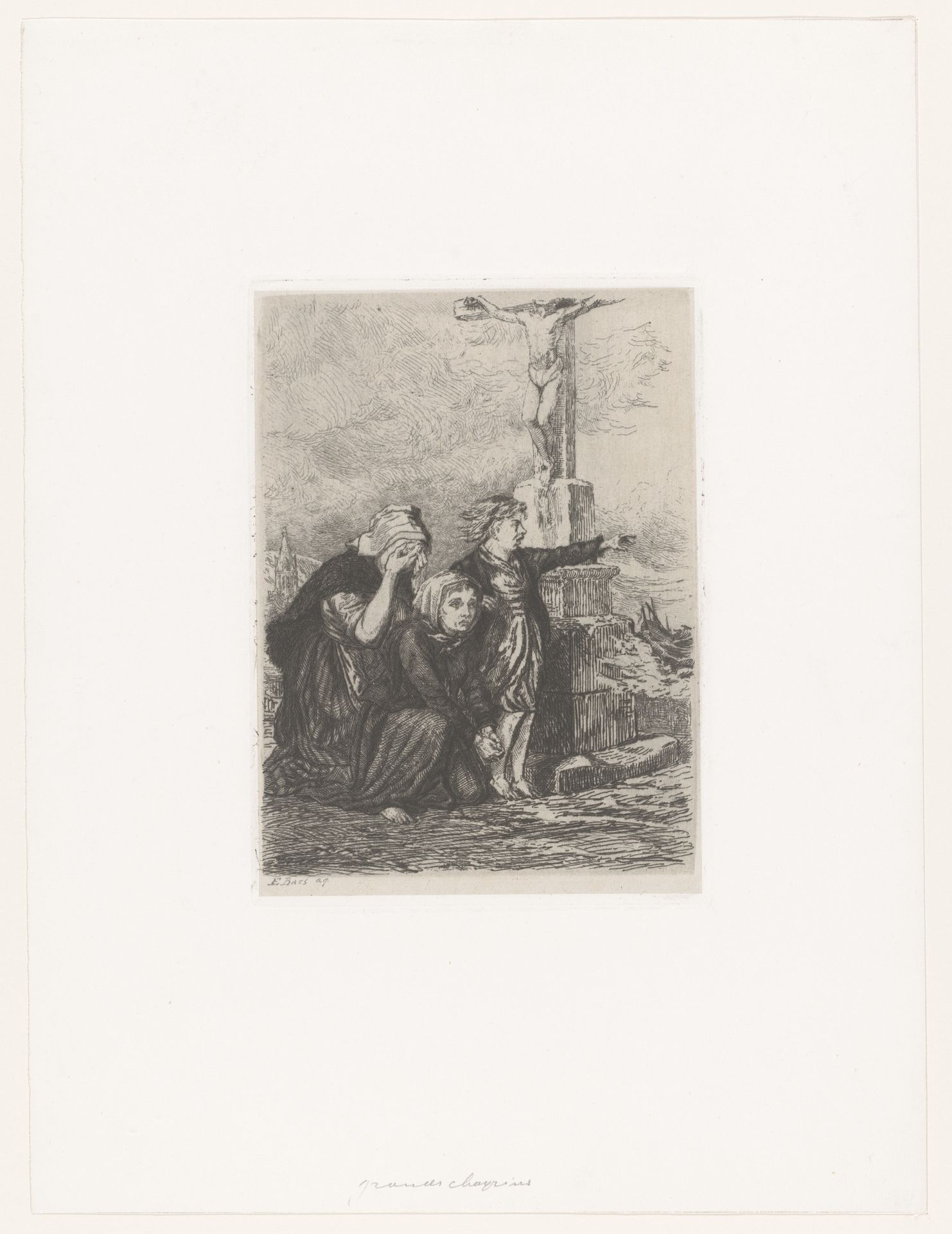 Vissersvrouwen en een jongen kijken bij een kruisbeeld uit over een stormachtige zee by Edgar Alfred Baes