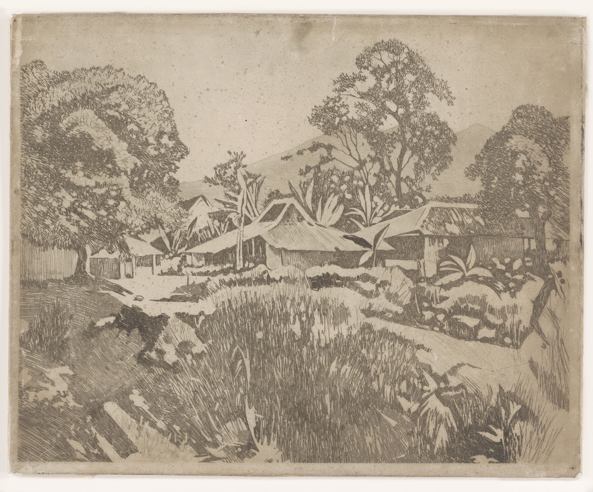 Huizen in de kampong met de vulkanen Salak en Gedeh op de achtergrond, Buitenzorg by Willem Witsen