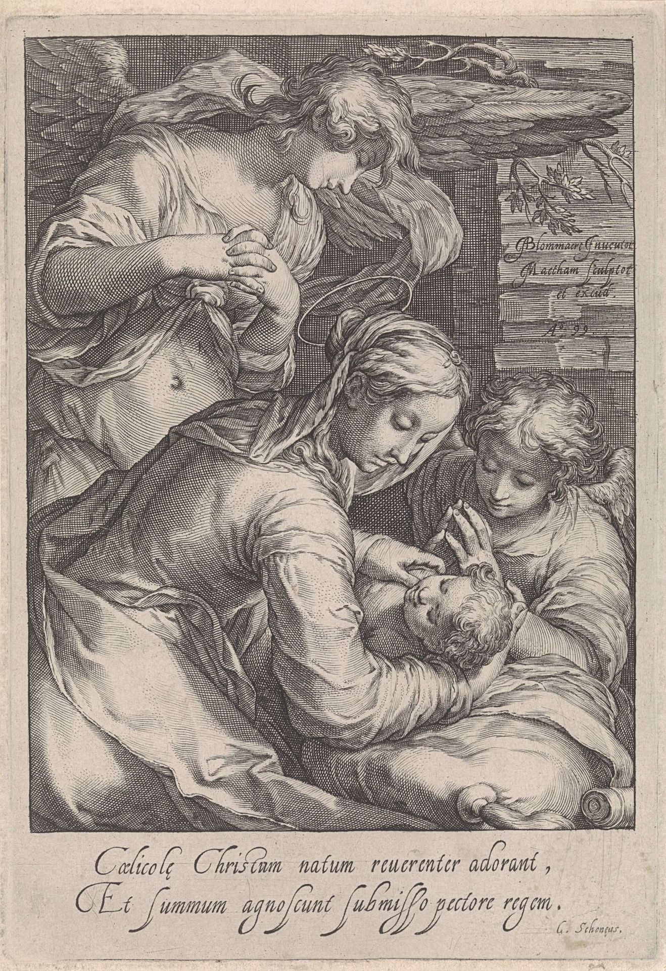 Maria met kind en twee engelen by Jacob Matham