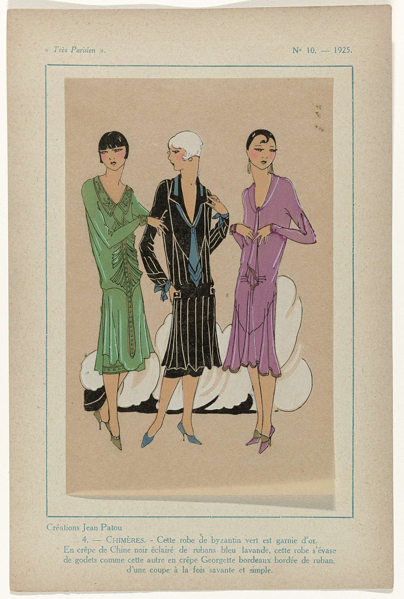 Très Parisien, 1925,  No. 10, Pl. 4: Création Jean Patou  - CHIMÈRES by G-P. Joumard
