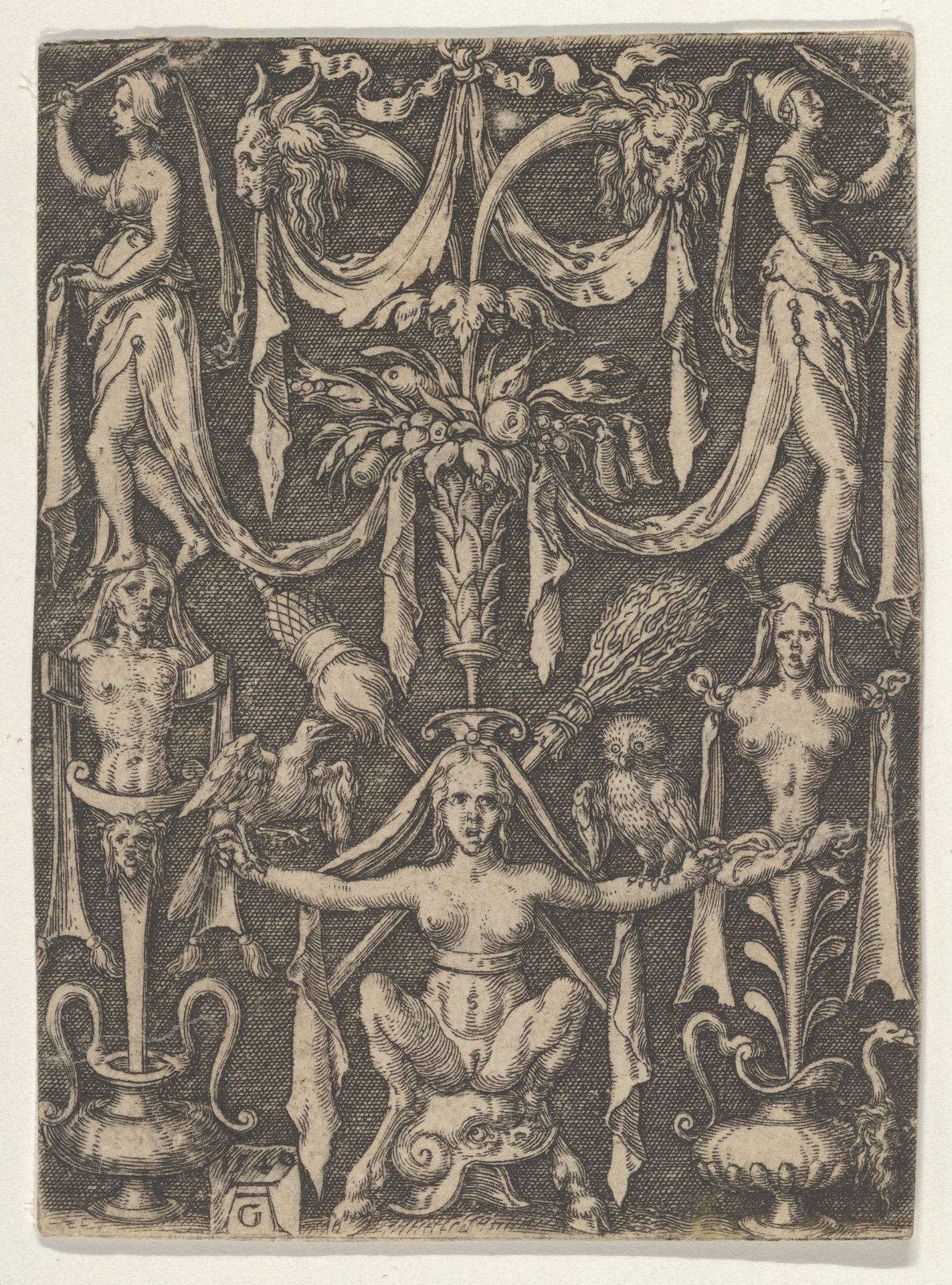 Panel with a Candelabrum Containing a Female Satyr Seated on a Helmet by Heinrich Aldegrever