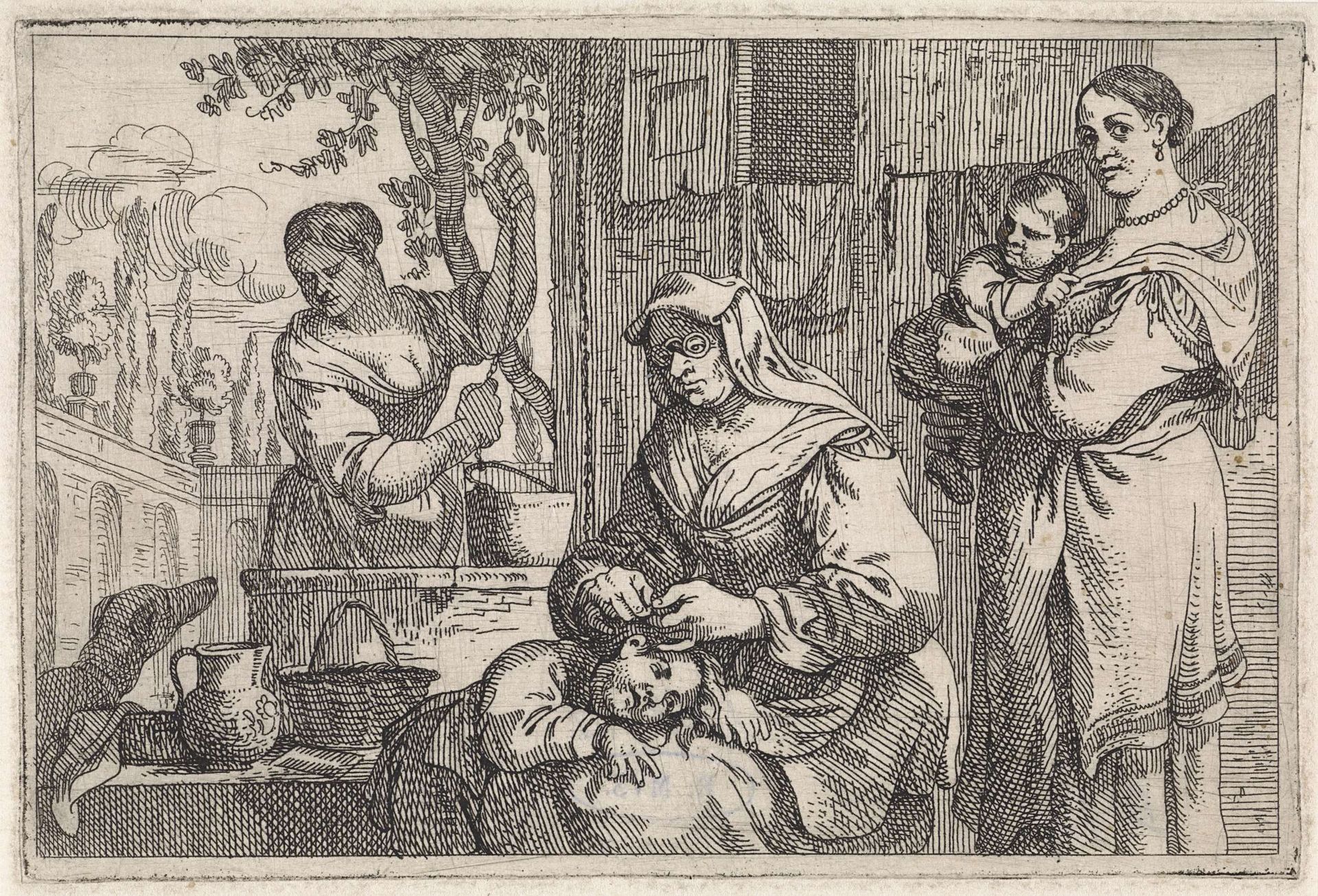 Oude vrouw ontluist een kind by Jan Baptist de Wael