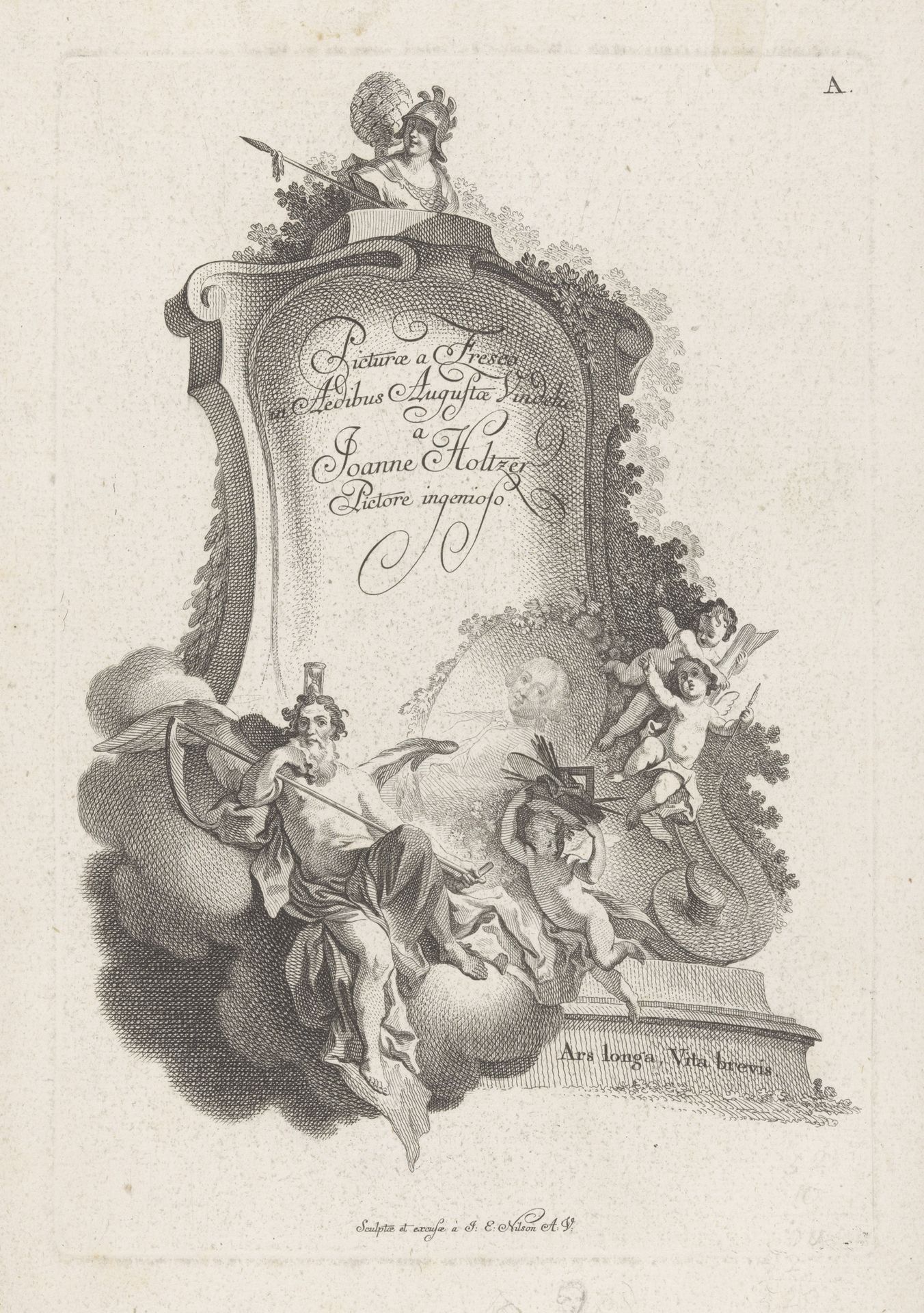 Cartouche met portret J.E. Holzer by Johann Esaias Nilson