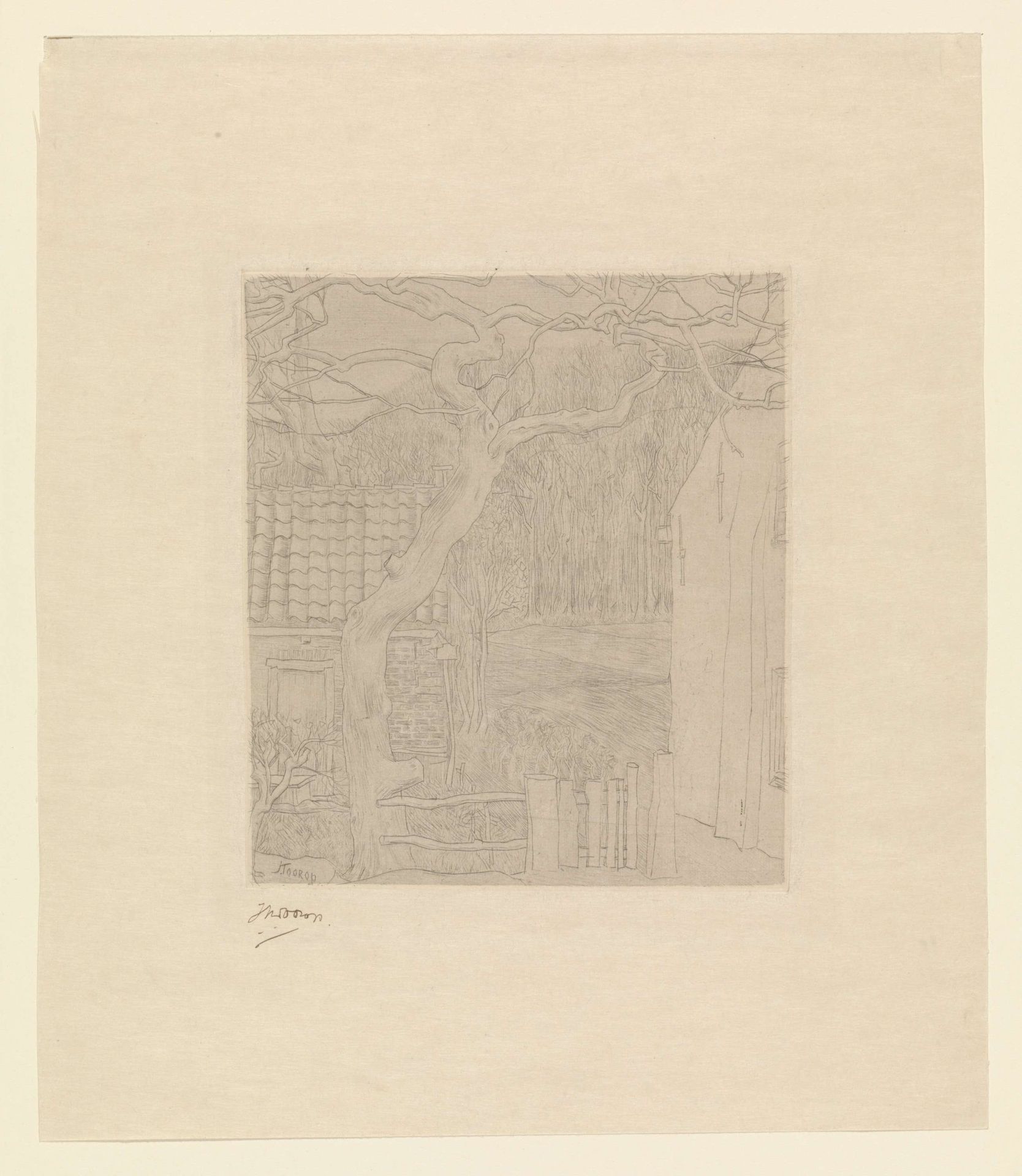 Boom bij twee huizen aan een bosrand by Jan Toorop