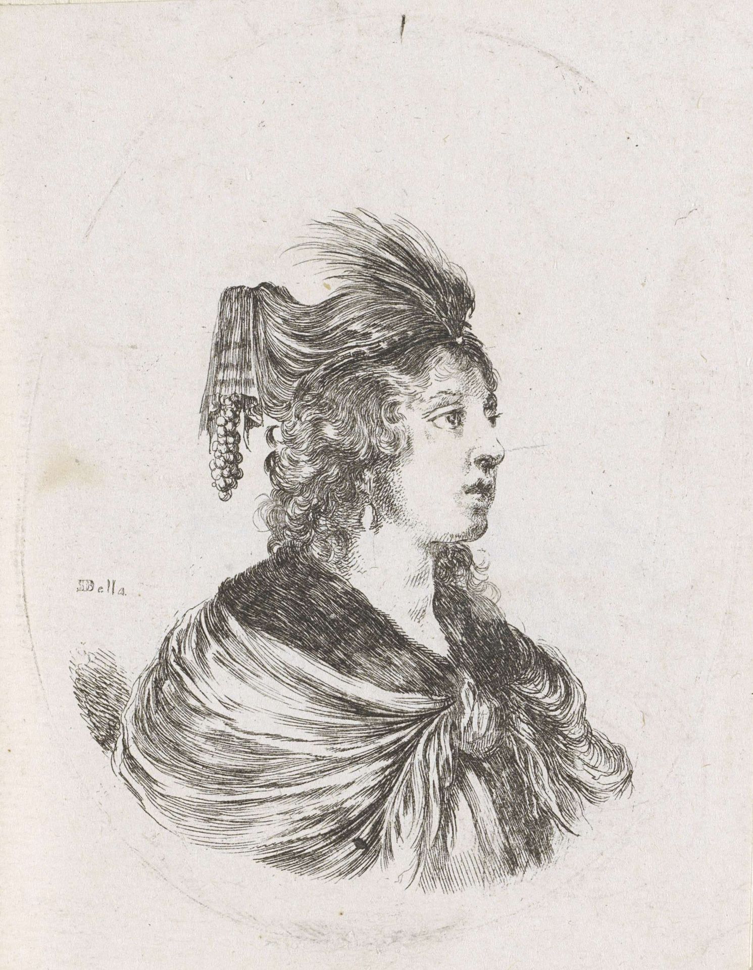 Vrouw met tulband met pluim en tros parels by Stefano della Bella