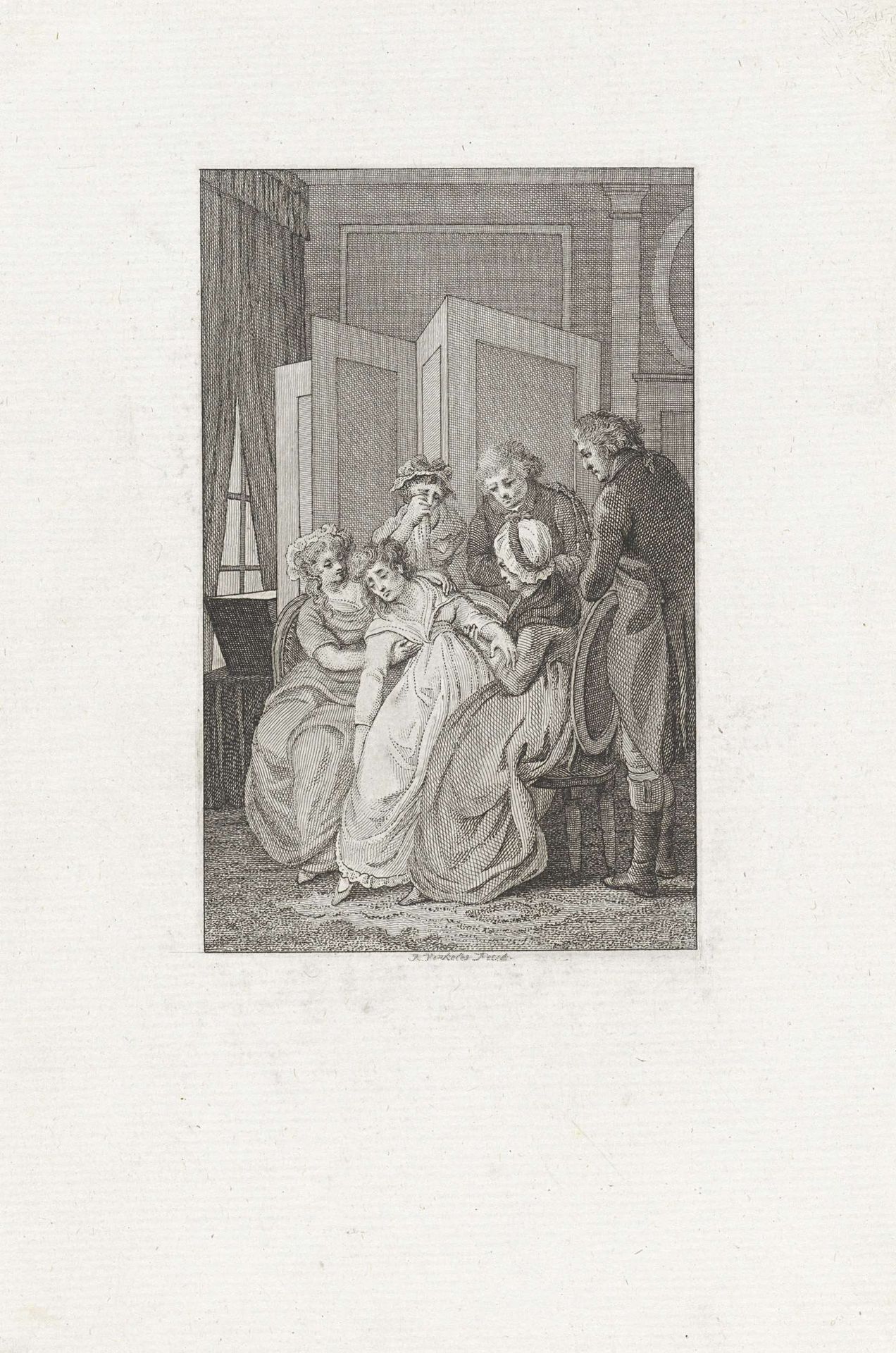 Enkele figuren bij een zieke vrouw by Reinier Vinkeles