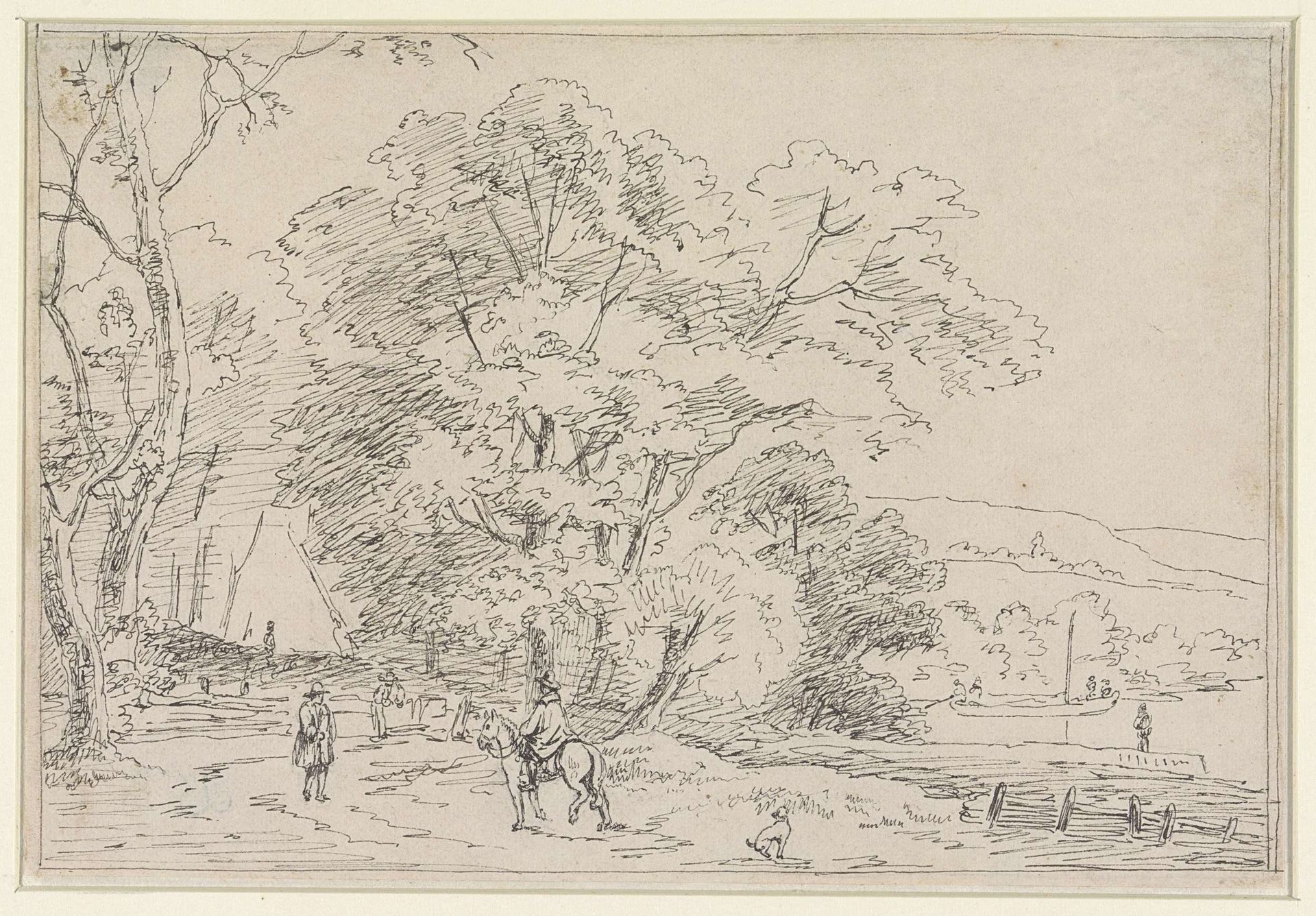 Landschap met een ruiter, wandelaars en een hond by Jean Théodore Joseph Linnig