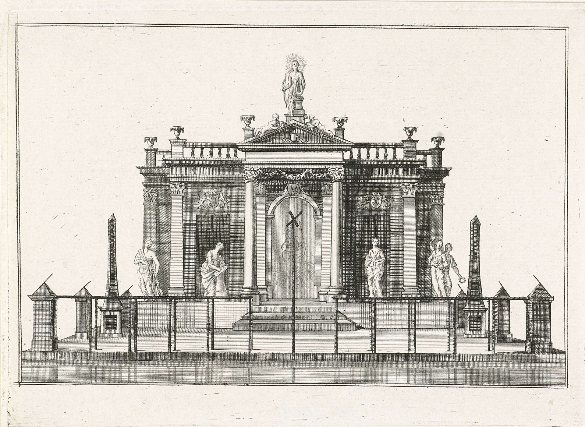 Podium voor het vuurwerk bij de viering van het Tweede Eeuwfeest van de Leidse Hogeschool, 1775 by Anonymous
