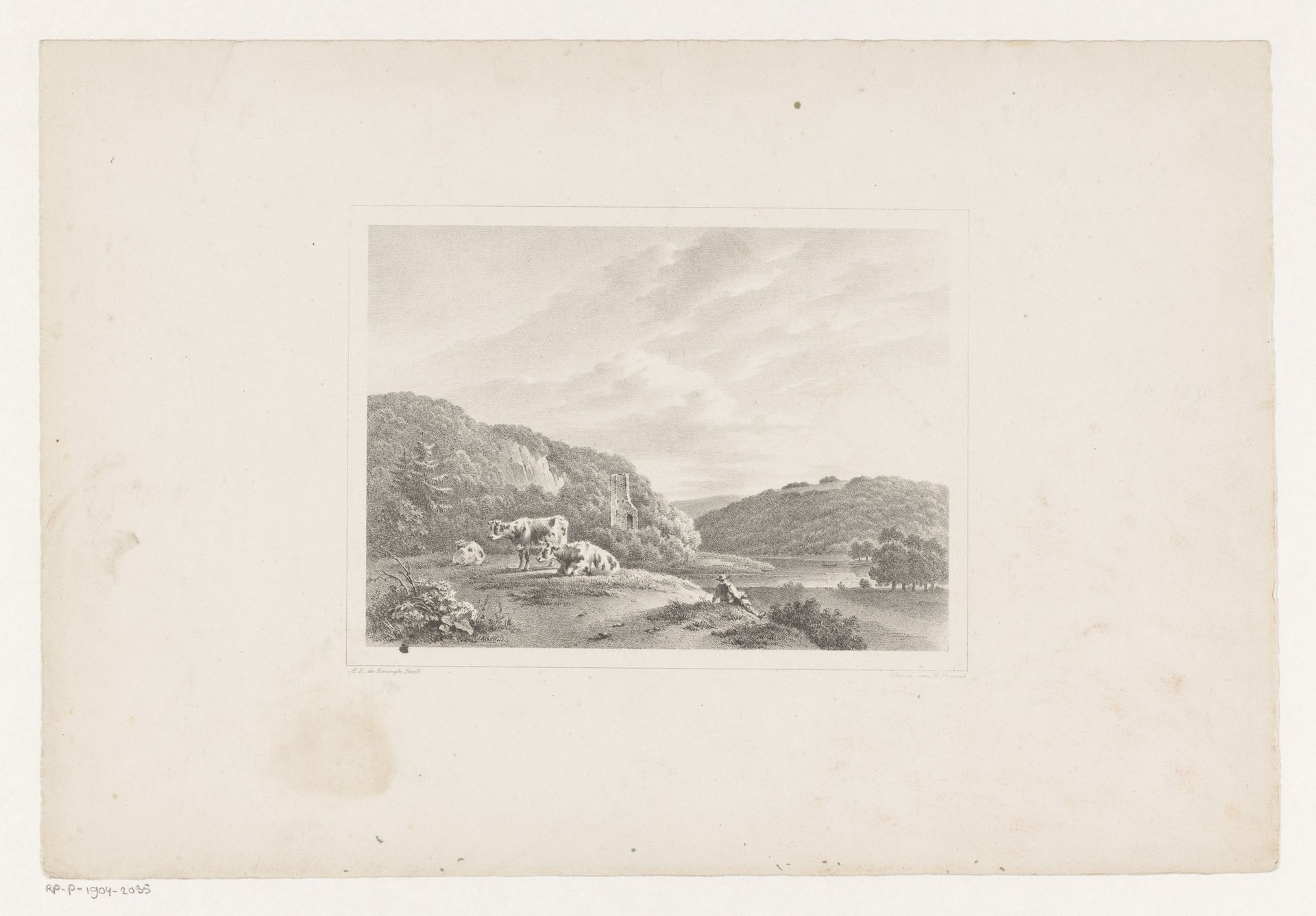 Heuvellandschap met vee en een ruïne by Arie Ketting de Koningh