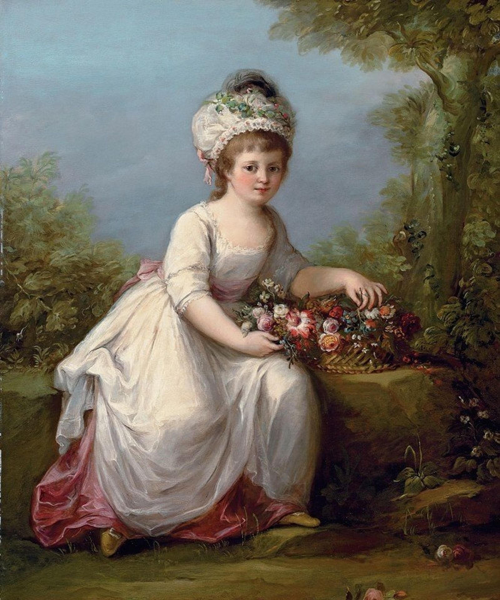 Portrait of a young girl, full-length, seated in a white dress with a basket of flowers, in a landscape by Angelica Kauffmann