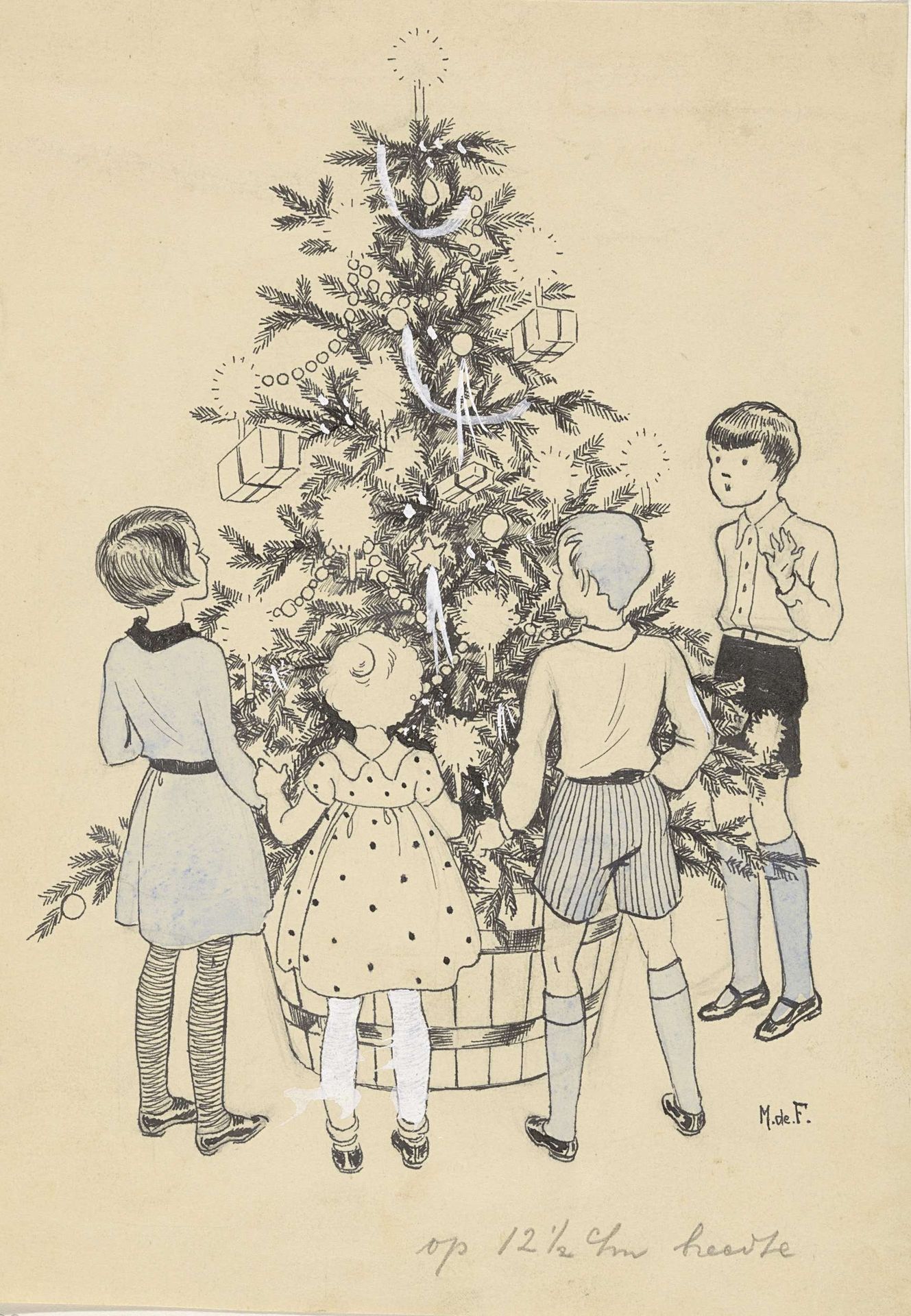 Vier kinderen rondom een kerstboom by Miep de Feijter