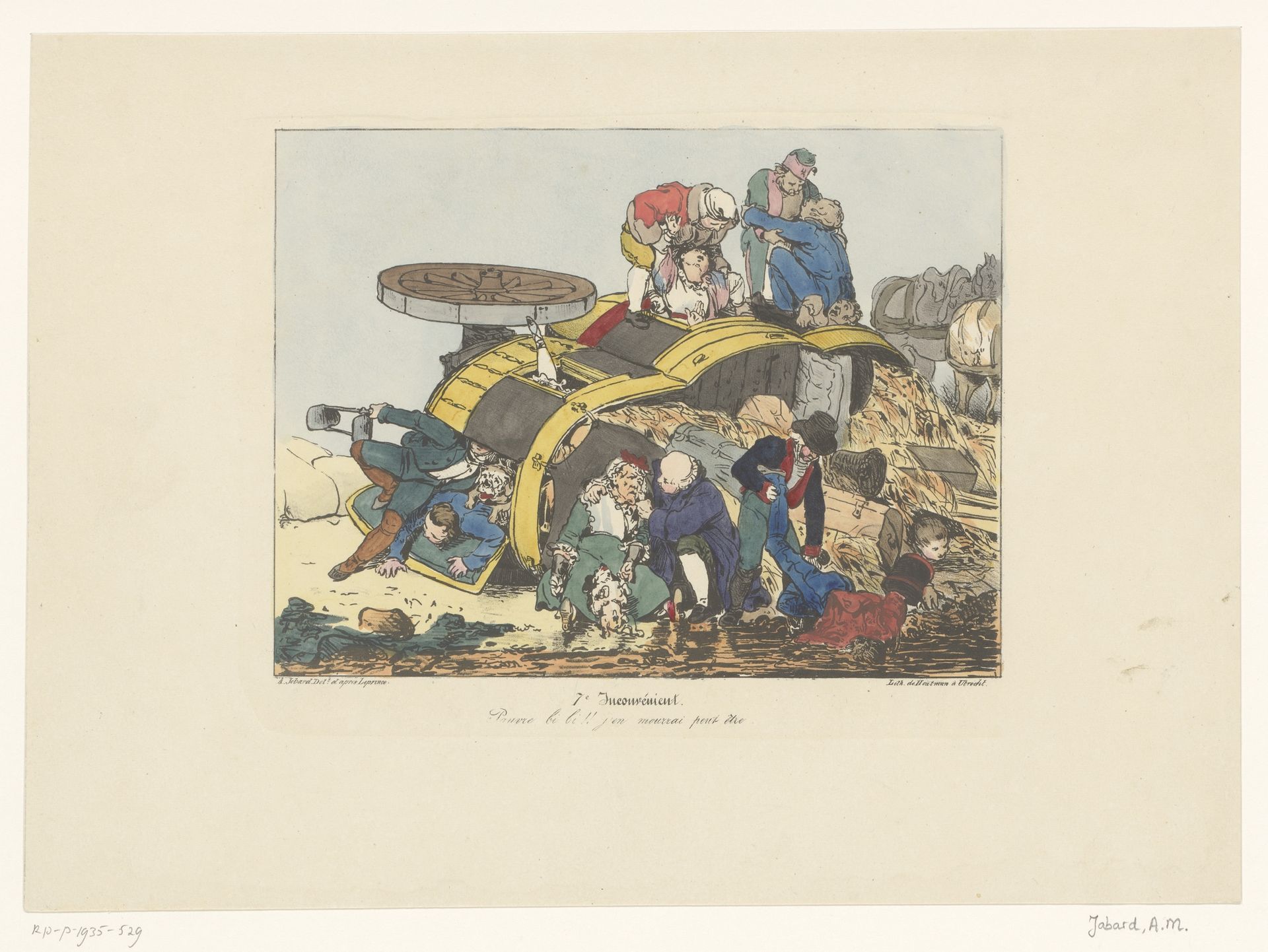 Gekantelde hooiwagen met passagiers by Joseph Ambroise Jobard