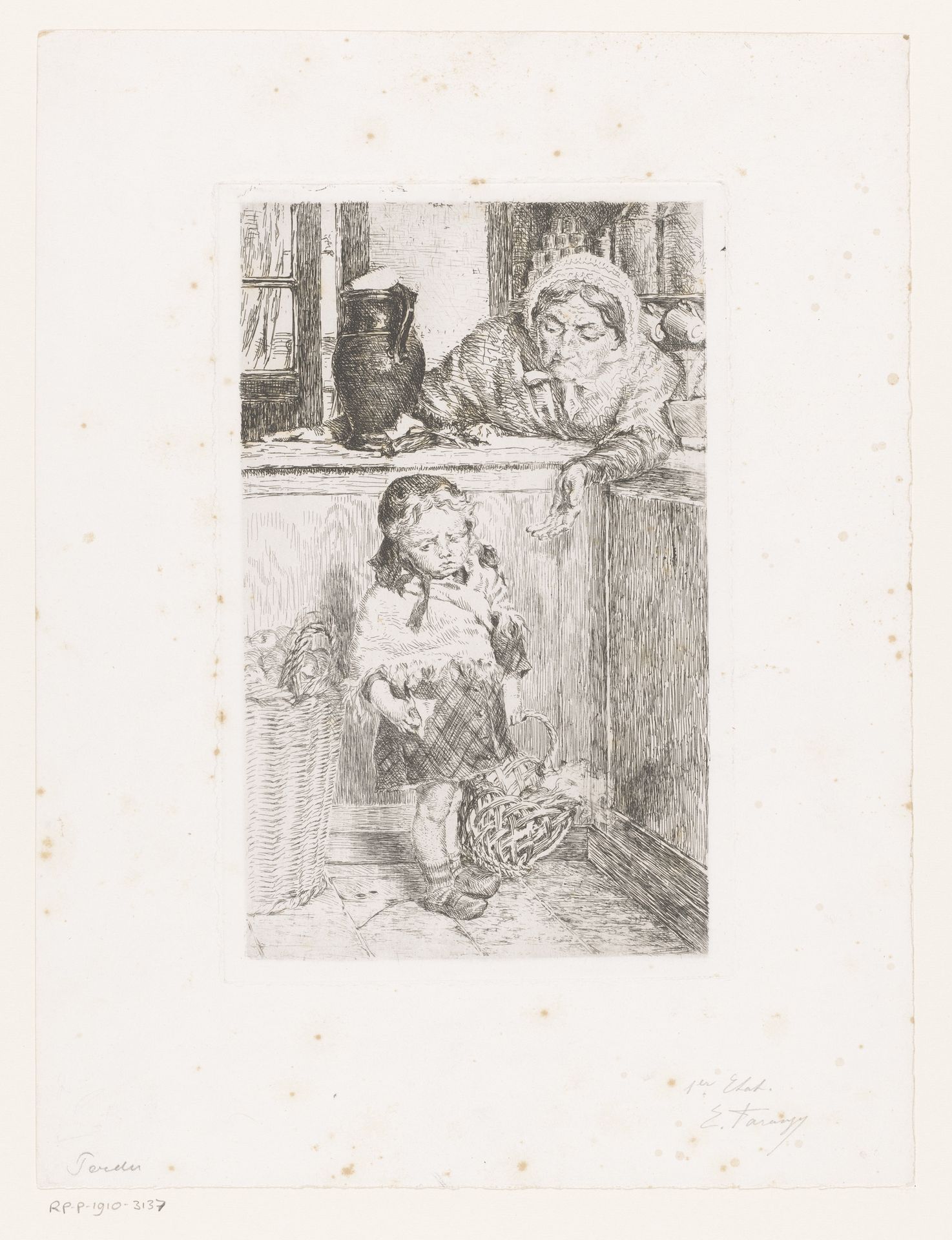 Kind met mand bij een toonbank waarachter een vrouw by Edgard Farasyn