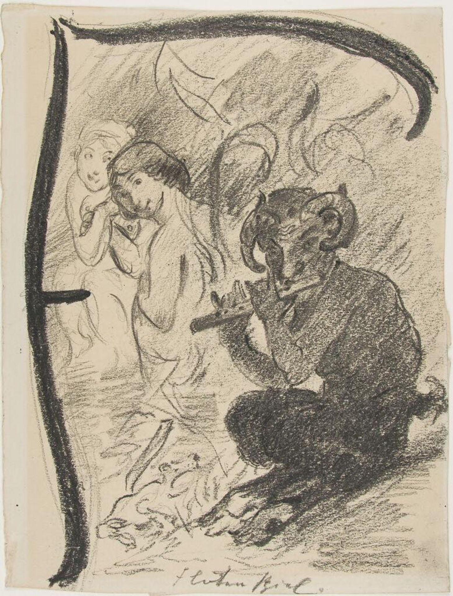 Letter F: Flute Music; verso: Untitled [Sketch of Satyr] by Lovis Corinth