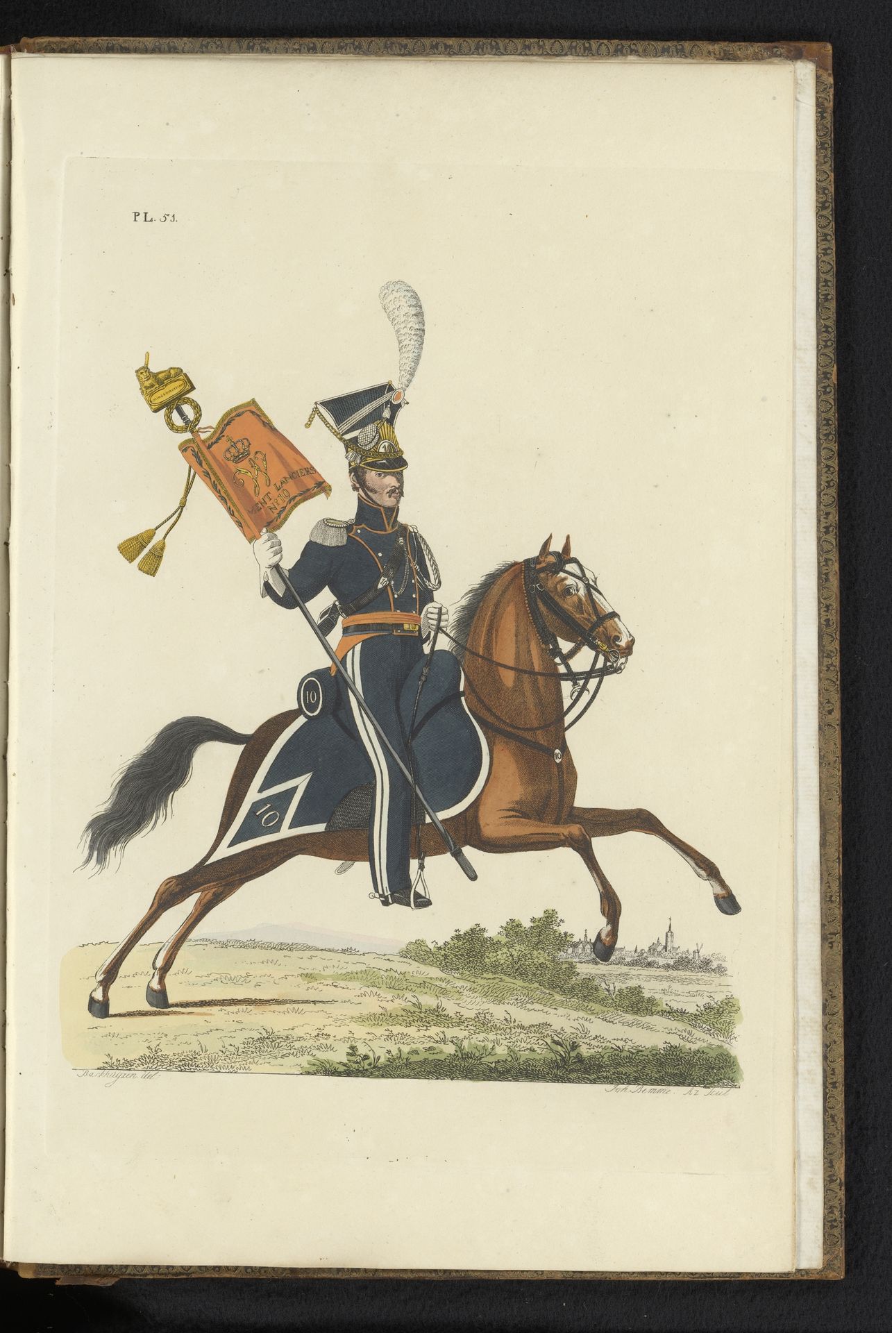 Cornet der Lanciers, in groote tenue, te paard, met de Standaart by Joannes Bemme