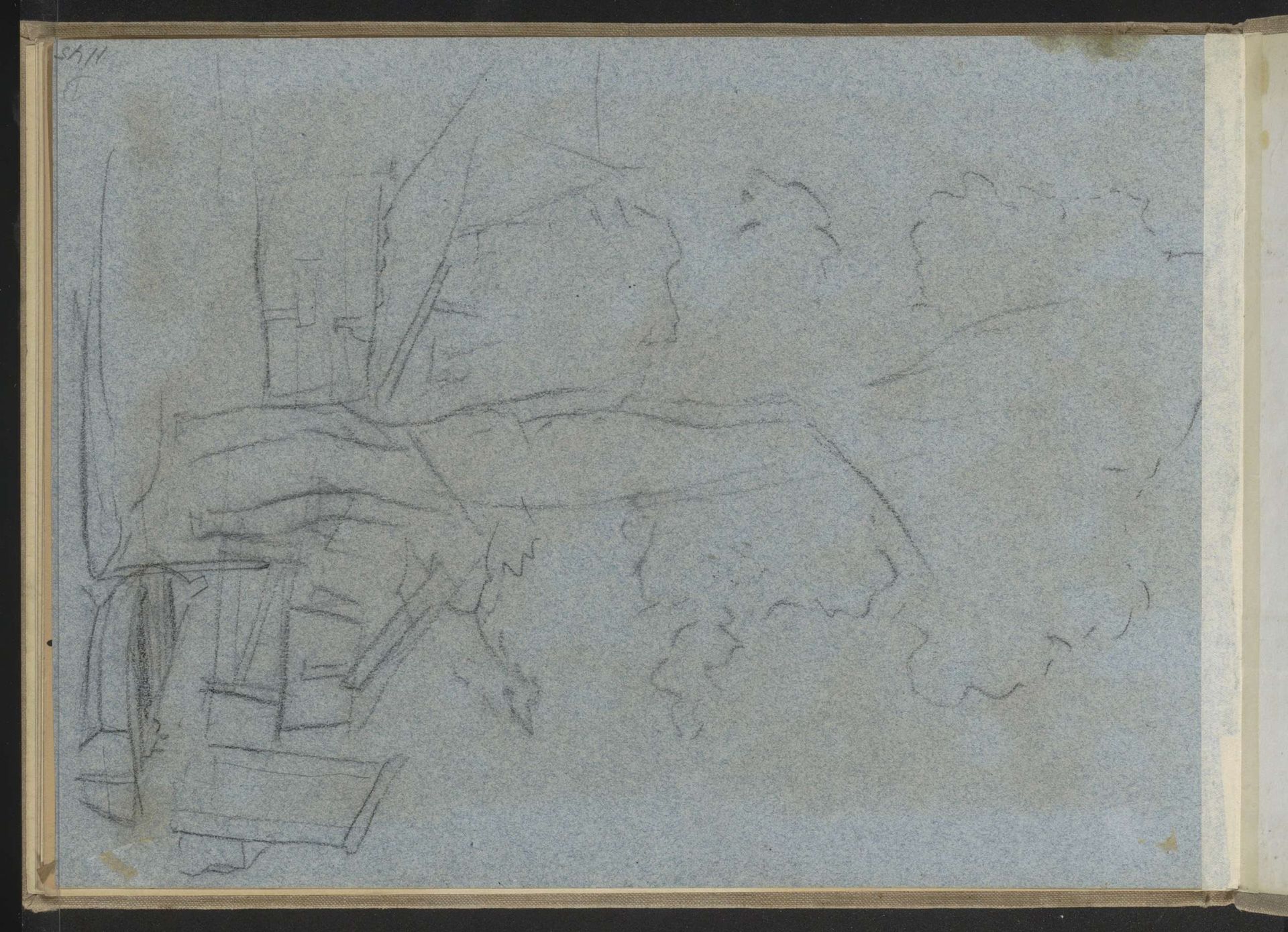 Roeiboot aangemeerd aan een kade met huizen en een boom by Jozef Israëls
