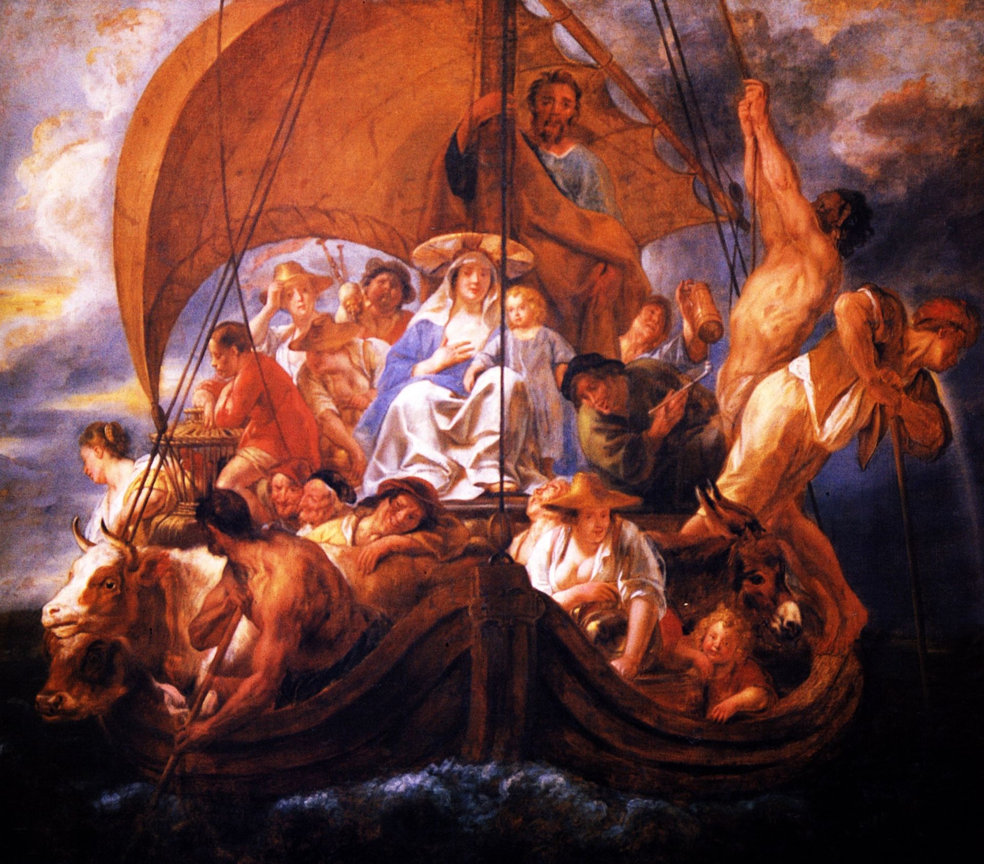 The Holy Family with characters and animals in a boat by Jacob Jordaens