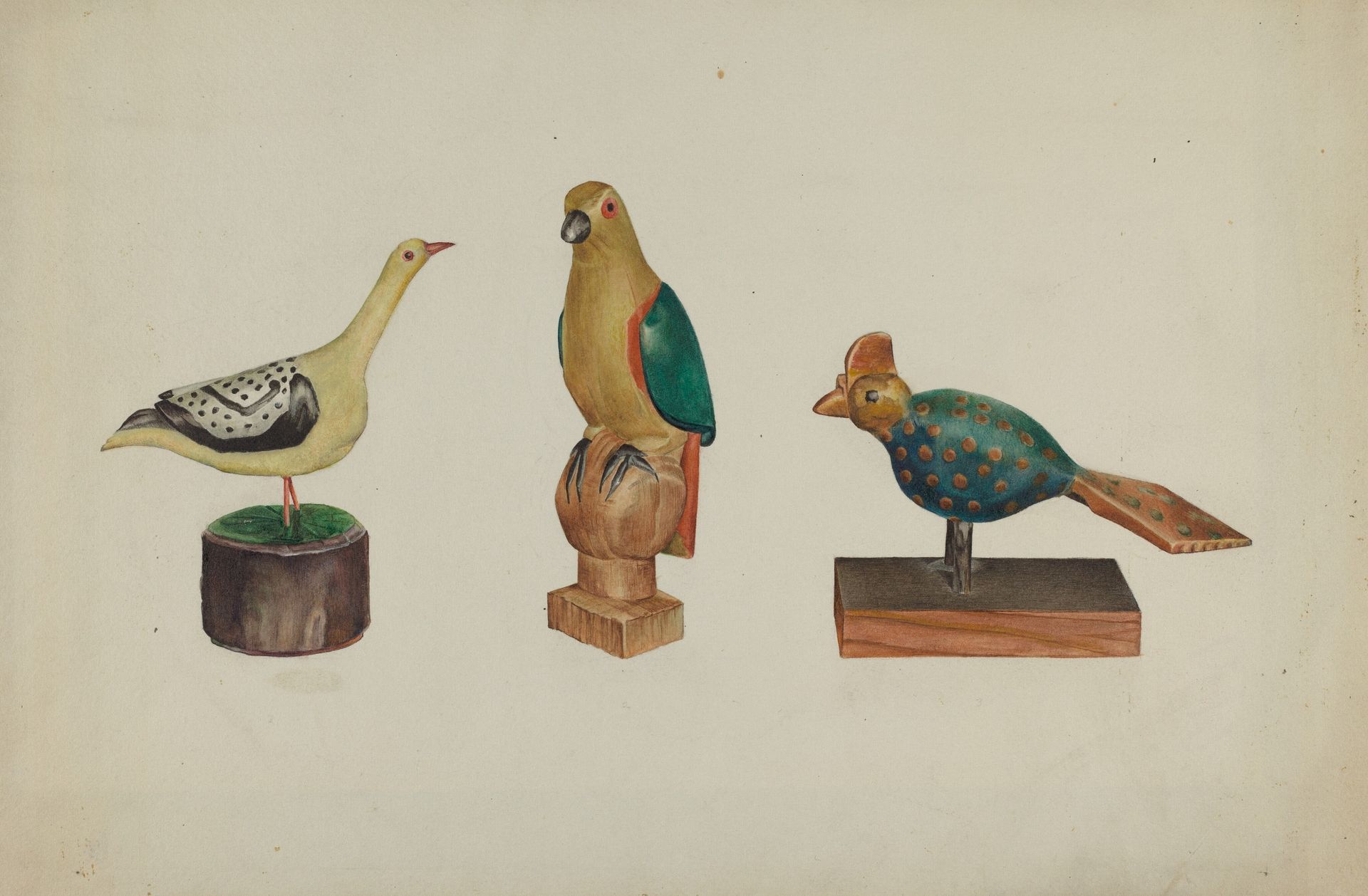 Pa. German Three Carved and Painted Birds by Victor F. Muollo
