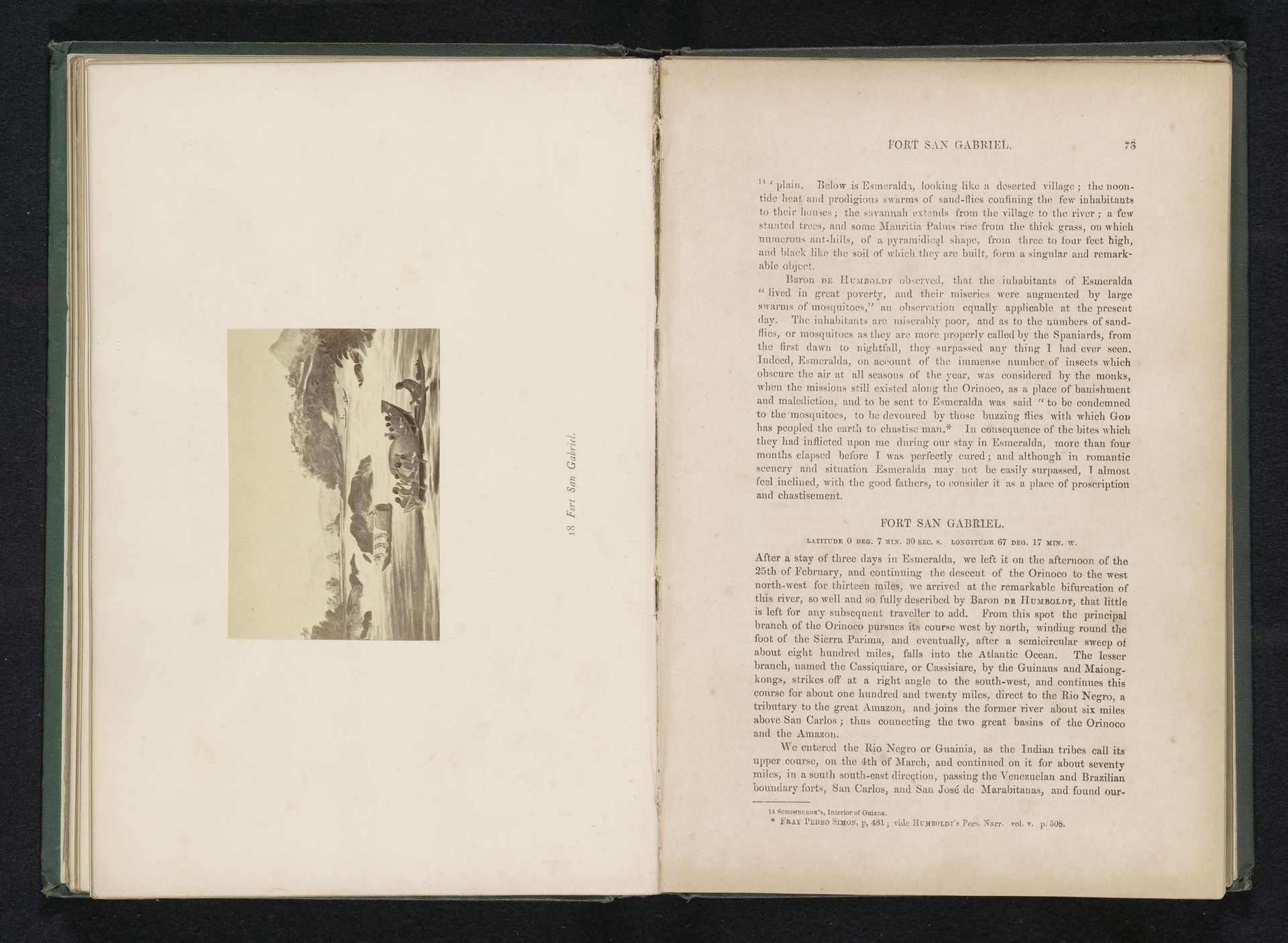 Fotoreproductie van een tekening van het fort San Gabriel aan de Rio Negro met boten by Anonymous